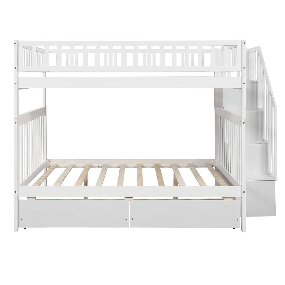Danxee Solid Wood Full Over Full Bunk Beds with 2 Drawers, Stairway & Full-Length Guardrail - No Box Spring Needed (White) | Space-Saving Kids & Guest Room Furniture for Small Bedrooms