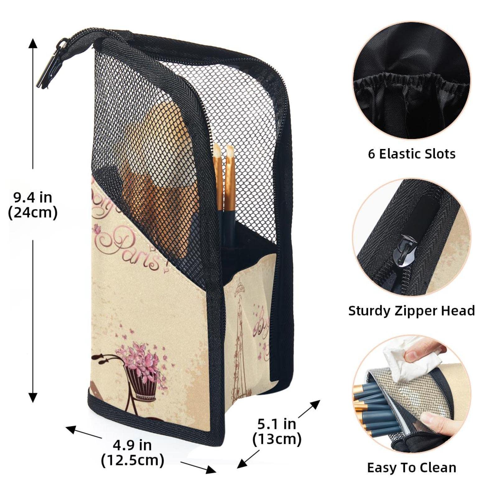 12-Piece Makeup Brush Organizer Bag with Paris Eiffel Tower & Bicycle Design - Portable Travel Cosmetic Brush Holder Case for Professional & Home Use