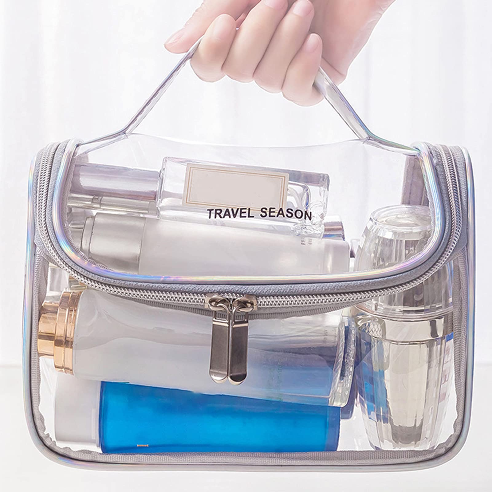 Transparent PVC Travel Toiletry Bag with Handle - Waterproof Makeup Organizer for Cosmetics, Bottles & Bathroom Essentials - Perfect for Air Travel, Gym & Home Organization (Black)