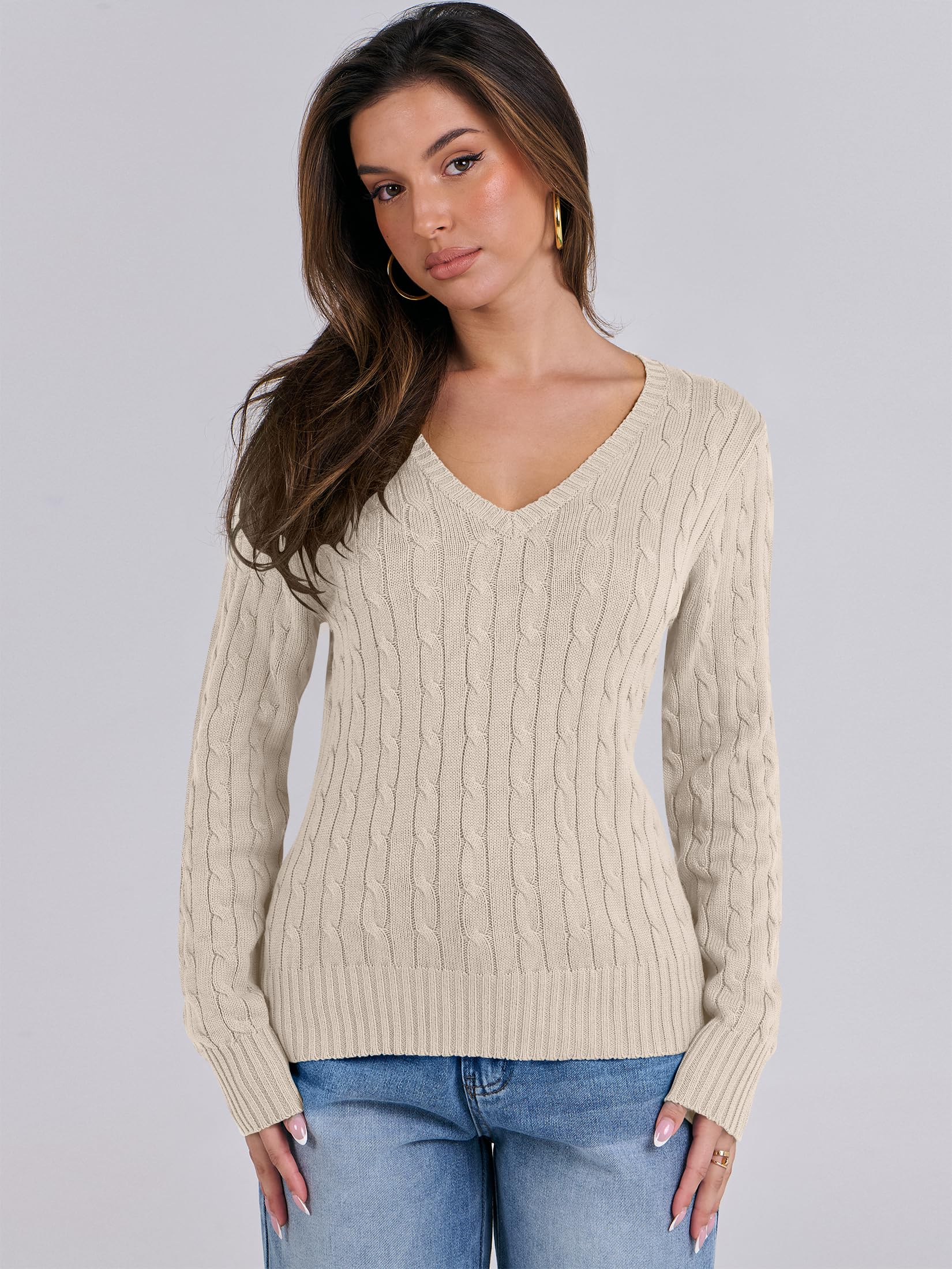 ANRABESS Women's Long Sleeve V Neck Cable Knit Sweater - Soft Pullover Top for Spring 2025 - Cute & Dressy Casual Outfit for Work, Date Night & Weekend Wear