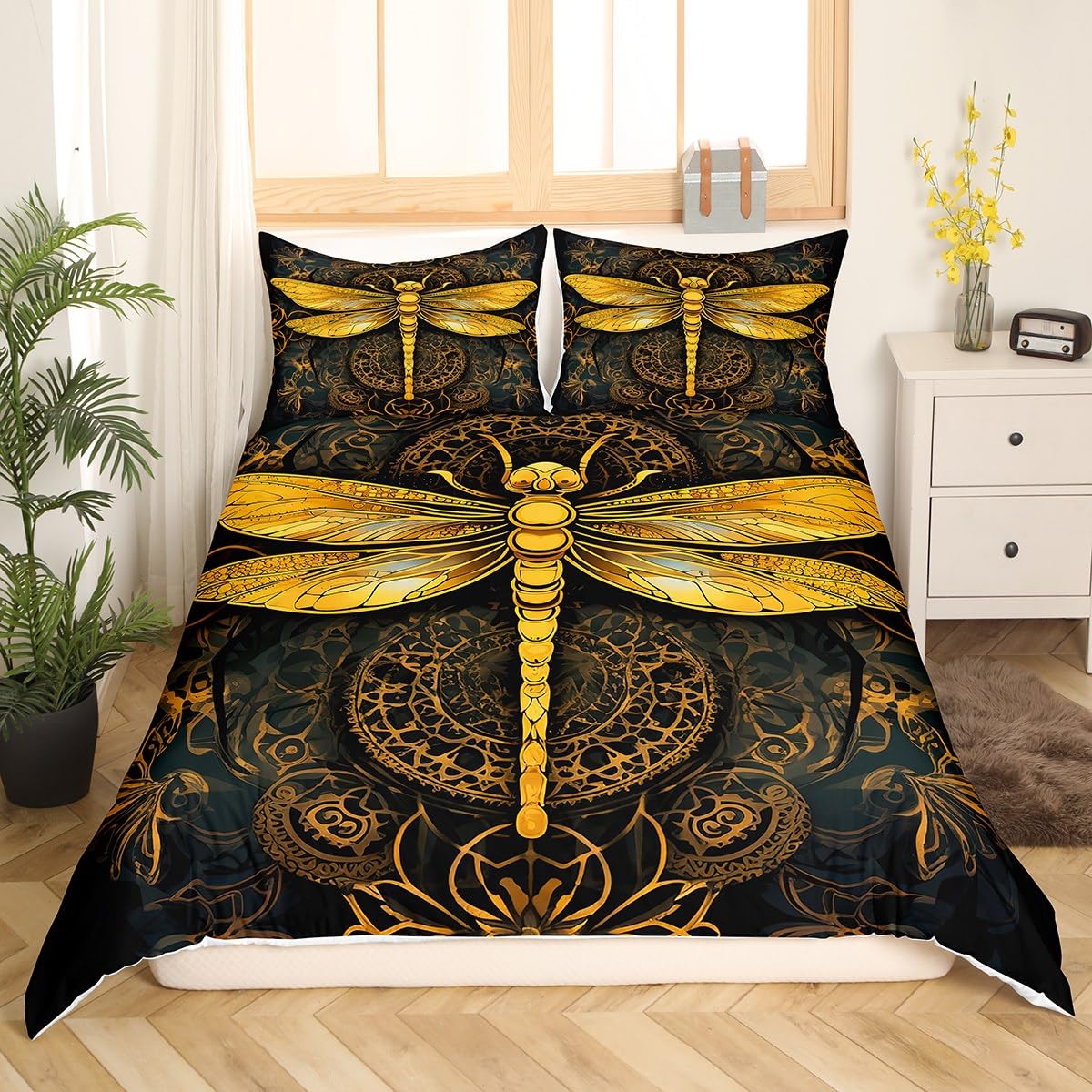 Luxury Gold Boho Dragonfly Bedding Set King Size for Bedroom Decor