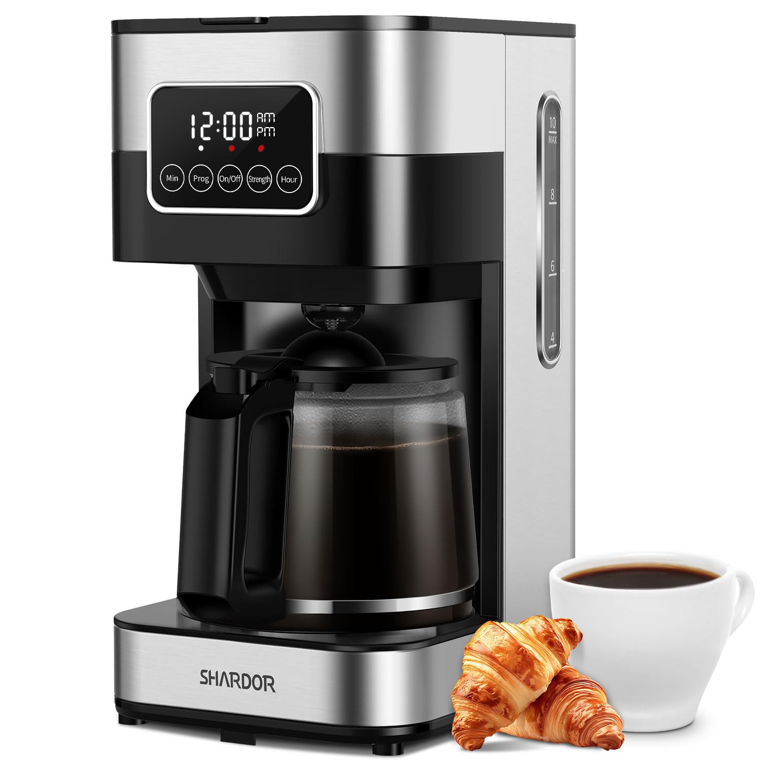 SHARDOR 10-Cup Programmable Coffee Maker with Regular & Strong Brew Options - Drip Coffee Machine for Home, Office, Auto Shut Off, Reusable Filter in Silver - Perfect for Morning Brews, Office Break Rooms & Entertaining Guests