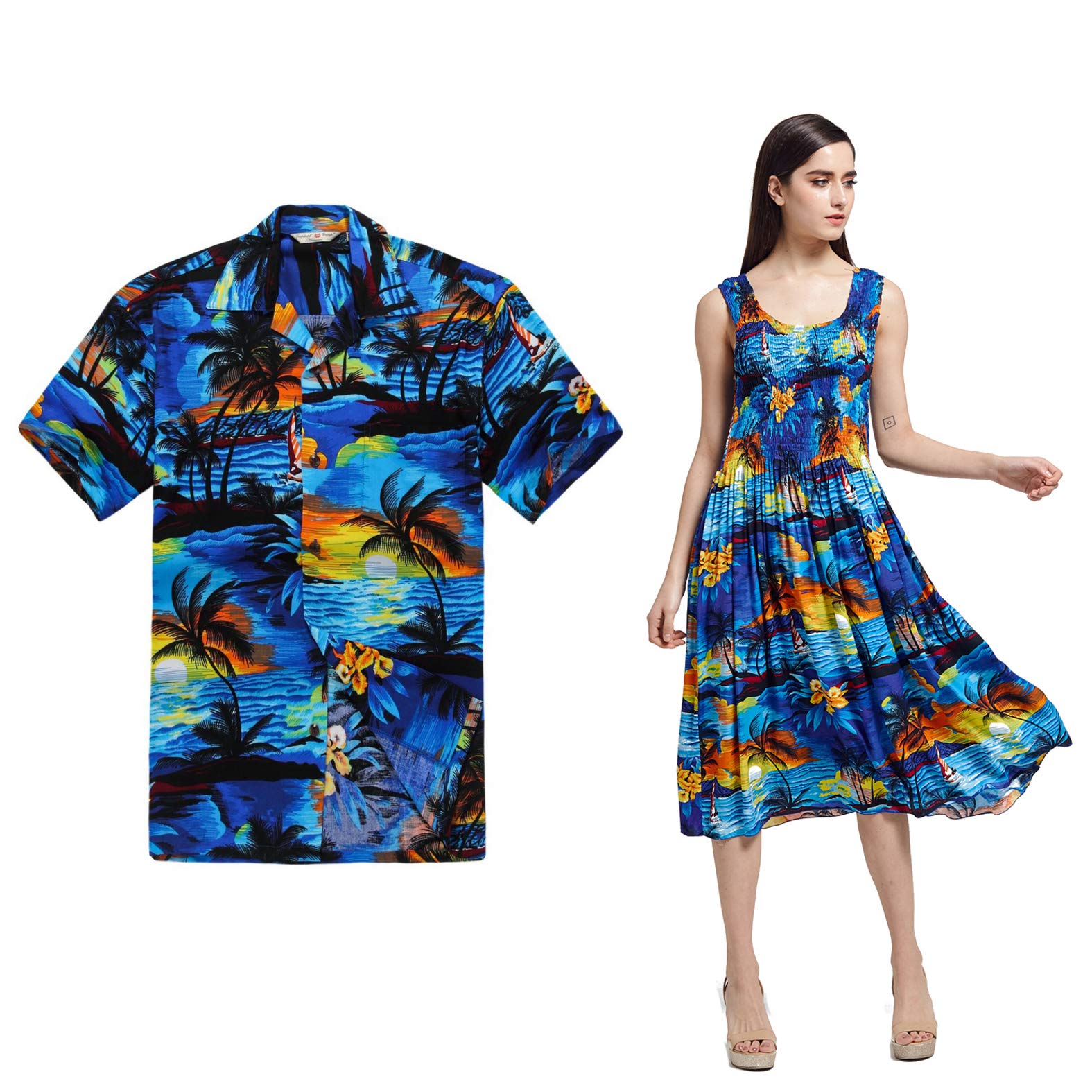 Couple Matching Hawaiian Luau Aloha Shirt & Elastic Tank Dress Set - Cream Rafelsia Print for Beach Vacation, Summer Party & Tropical Date Night