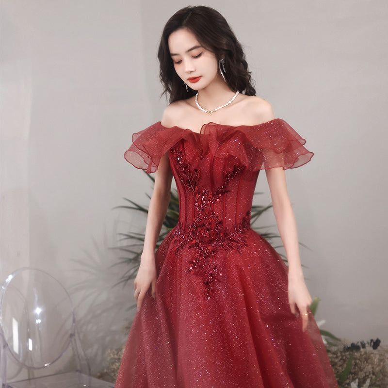 Elegant Off Shoulder A-Line Shiny Burgundy Prom Dress for Formal Evening Party & Homecoming - Perfect for Prom Night, Wedding Guest & Special Occasions