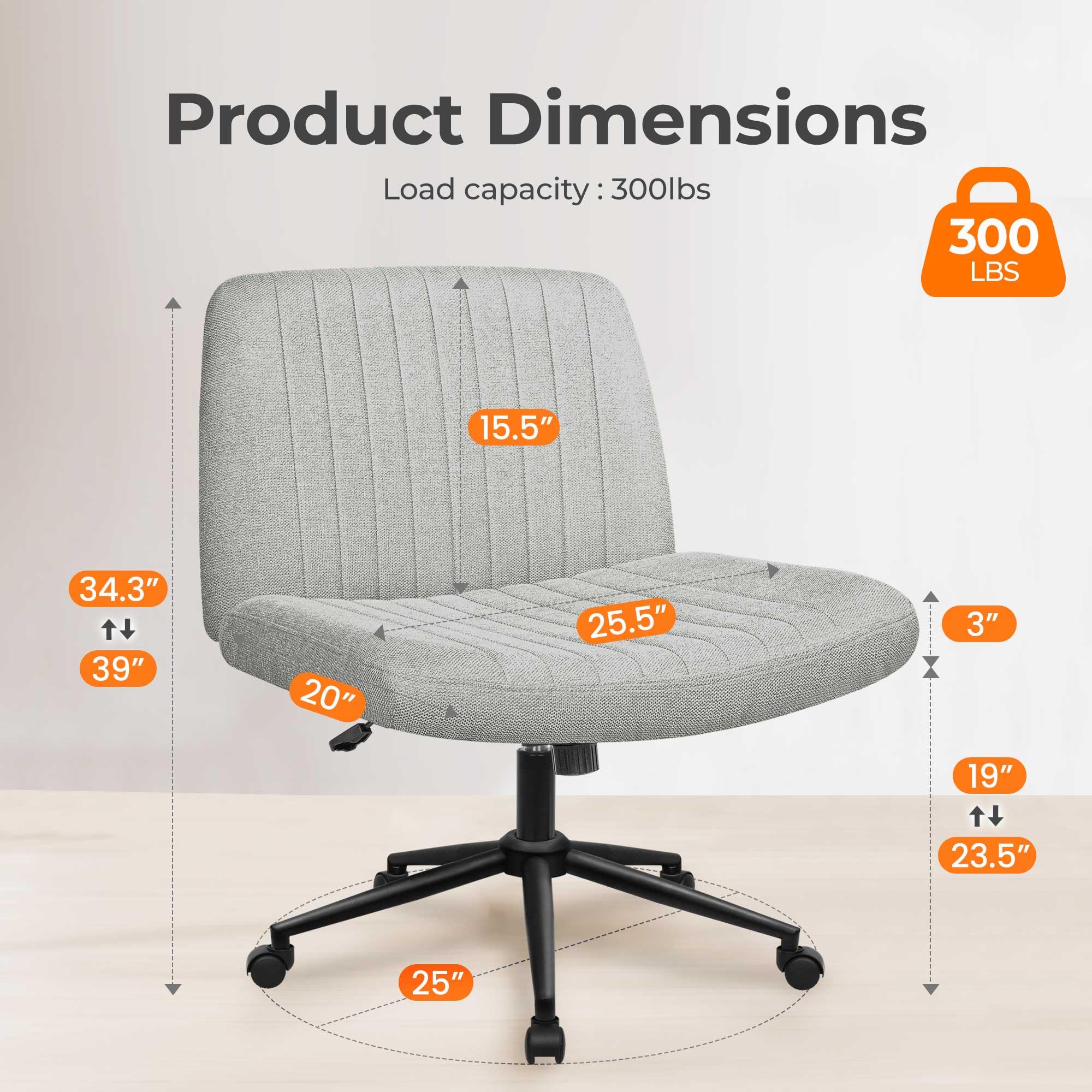 NEO CHAIR Criss Cross Leg Office Chair with Wheels - Adjustable Swivel Rolling Computer Desk Chair, Armless Cross-Legged Design, Wide Comfy Seat for Home Office, Vanity & Makeup (Grey Fabric) - Perfect for Work, Study, Gaming & Beauty Stations