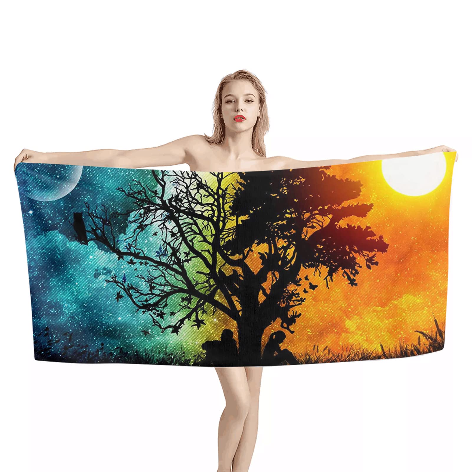 Deeprinter Oversized Microfiber Beach Towel with Moon & Sun Print - Ultra Absorbent, Quick Dry Bath Towel for Swimming, Surfing, Travel & Spa - Perfect for Summer Vacation, Poolside Lounging & Beach Getaways
