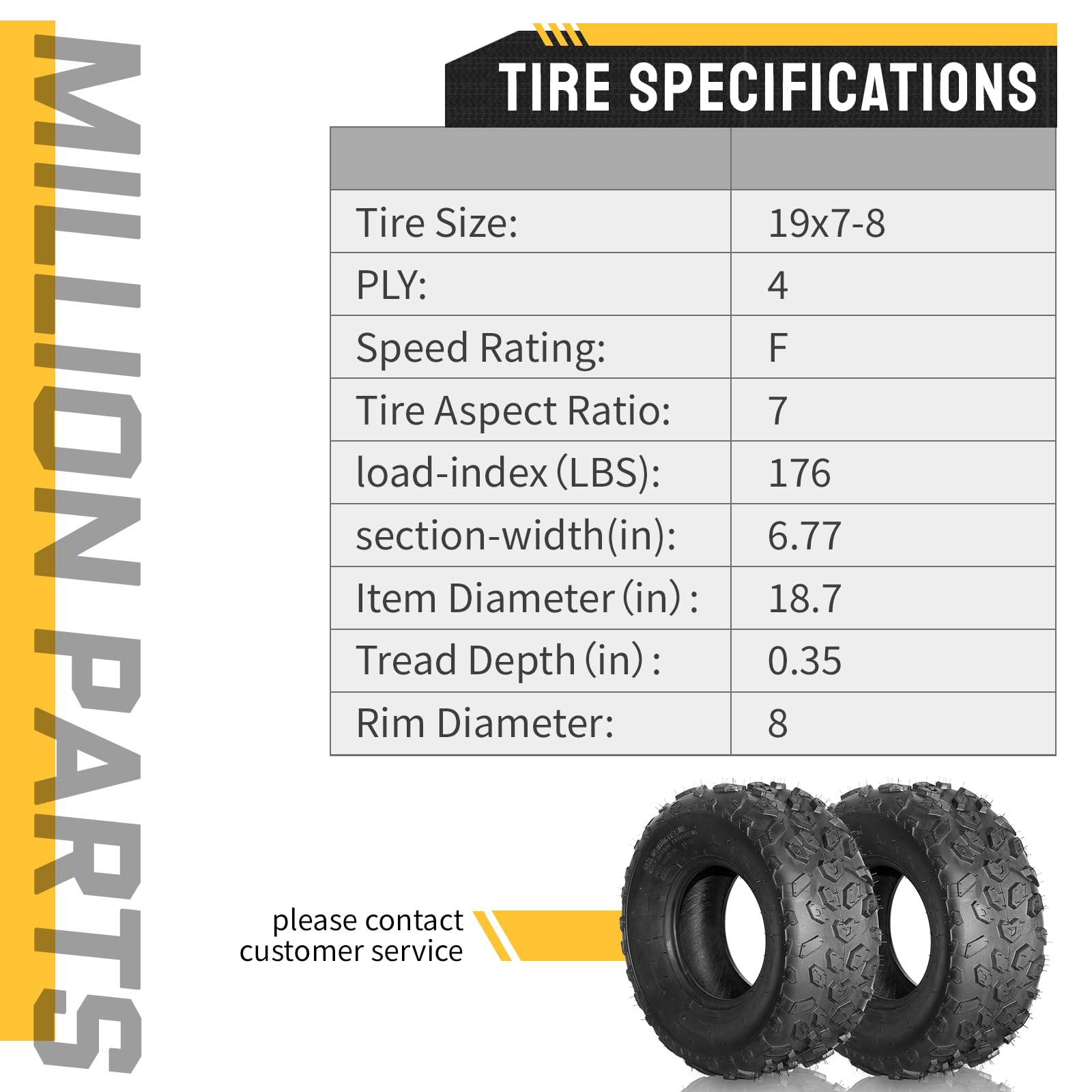 2 Pcs ATV/UTV Sport Tires 19x7.00-8 All Terrain Tubeless Tires 19x7x8 4PR - Heavy Duty Off-Road Tires for ATV, UTV, Golf Carts & Lawn Tractors - Perfect for Mud, Sand, Snow & Rocky Terrains