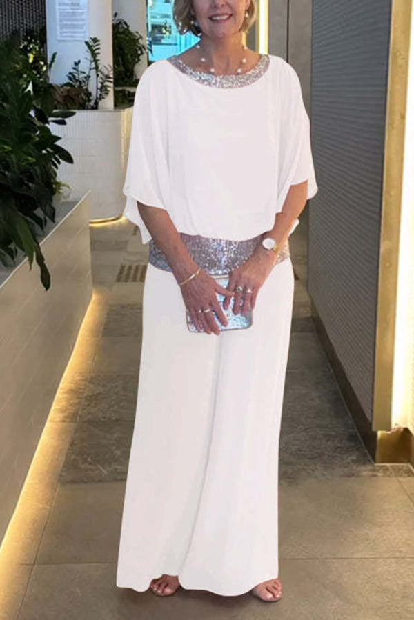 Trendy Sequin Patchwork Dolman Sleeve Blouse & Stretchy Waist Wide Leg Pants Set for Women | Party Outfit, Club Wear, Evening Attire, Special Occasion Fashion