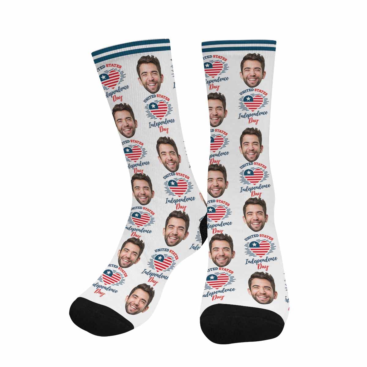 Custom American Flag Socks with Face - Personalized Patriotic Socks for Men & Women - Unisex July 4th Celebration Socks - Perfect for Independence Day, Veterans Day & Patriotic Events