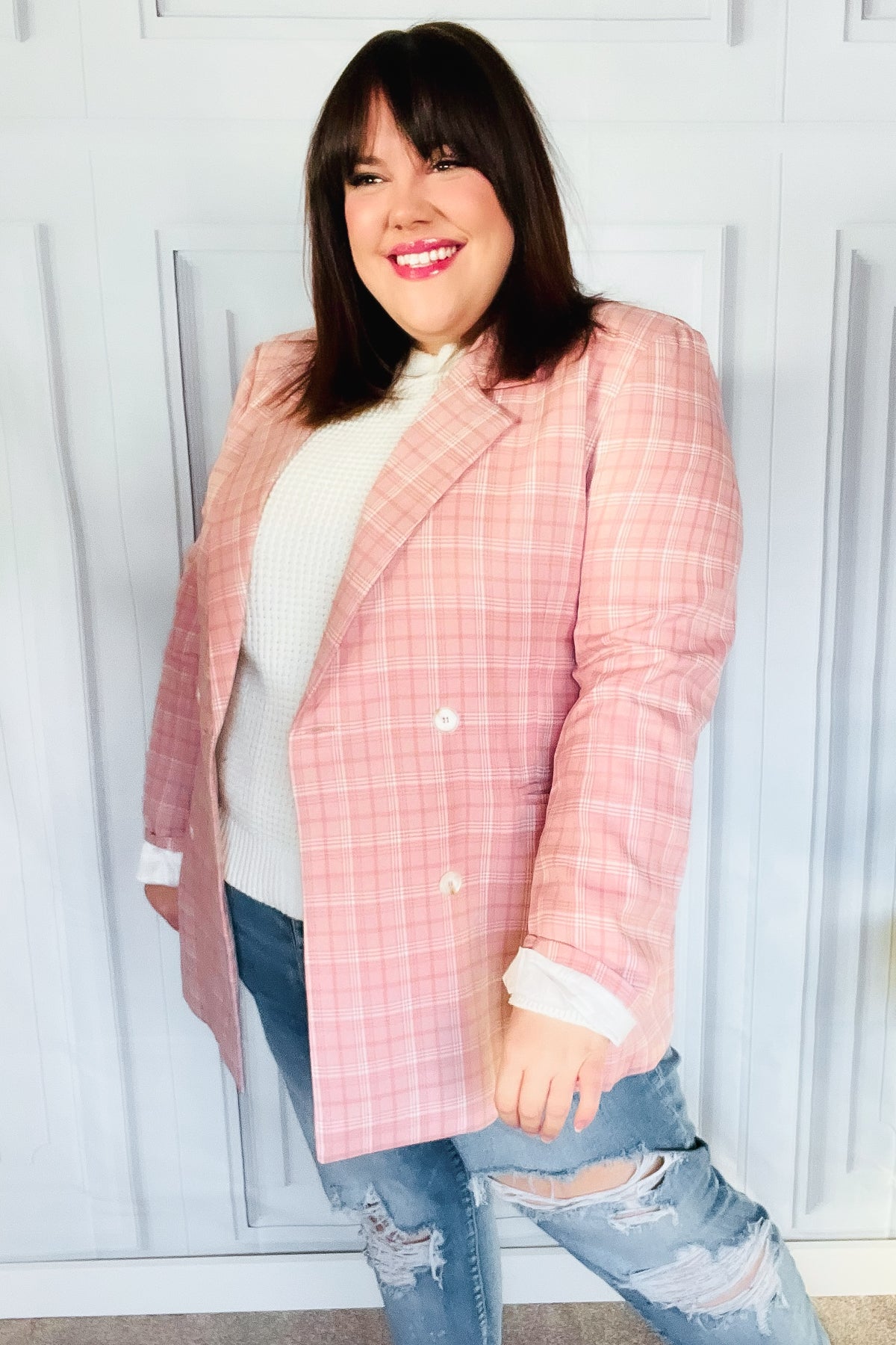 Stylish Pink Plaid Double Breasted Blazer with Lapel Collar - Perfect for Office Wear, Business Meetings & Formal Events