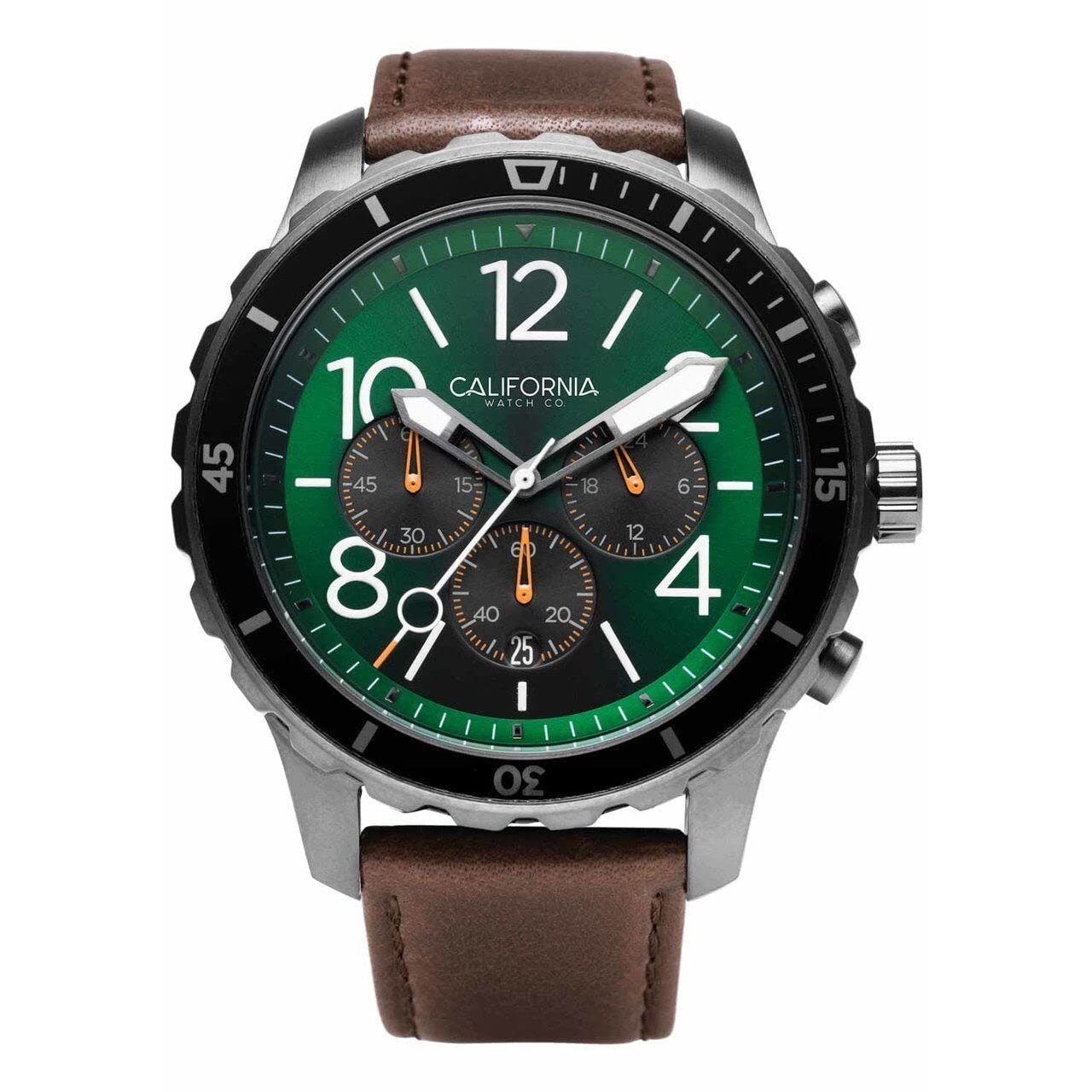California Watch Co. Mavericks Chrono Leather Watch - Dark Brown & Green Dial - Waterproof Men's Chronograph - Perfect for Surfing, Outdoor Adventures & Casual Wear