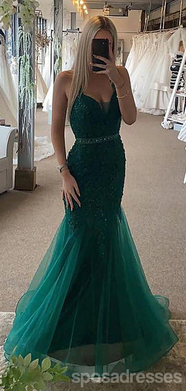 Emerald Green Mermaid Prom Dress with Spaghetti Straps & V-Neck | Elegant Long Formal Gown for Homecoming, Wedding, and Special Occasions | Style 12862
