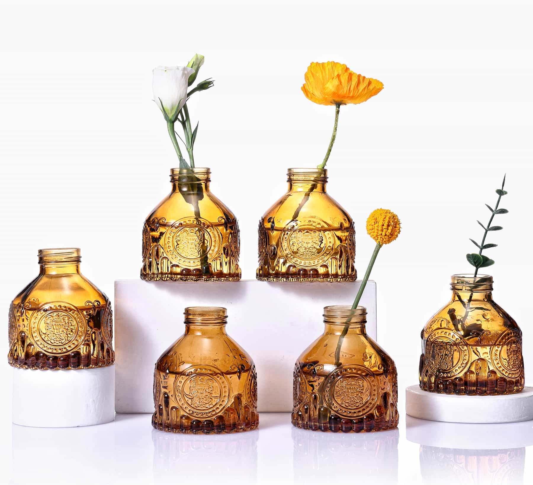 6 Pack Glass Bud Vases - Small Flower Vases for Floral Arrangements, Rustic Decorative Centerpieces for Home, Living Room, Office, Wedding & Events (Brown) - Perfect for Table Decor, Gift Wrapping & DIY Crafts