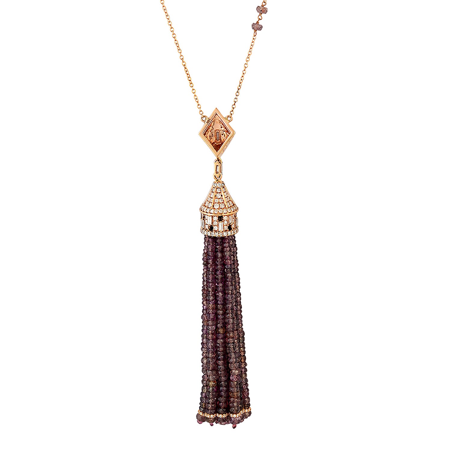 18K Rose Gold Pave Diamond Beads Sapphire Tassel Matinee Necklace - Elegant Statement Jewelry for Women, Perfect for Weddings, Parties & Special Occasions
