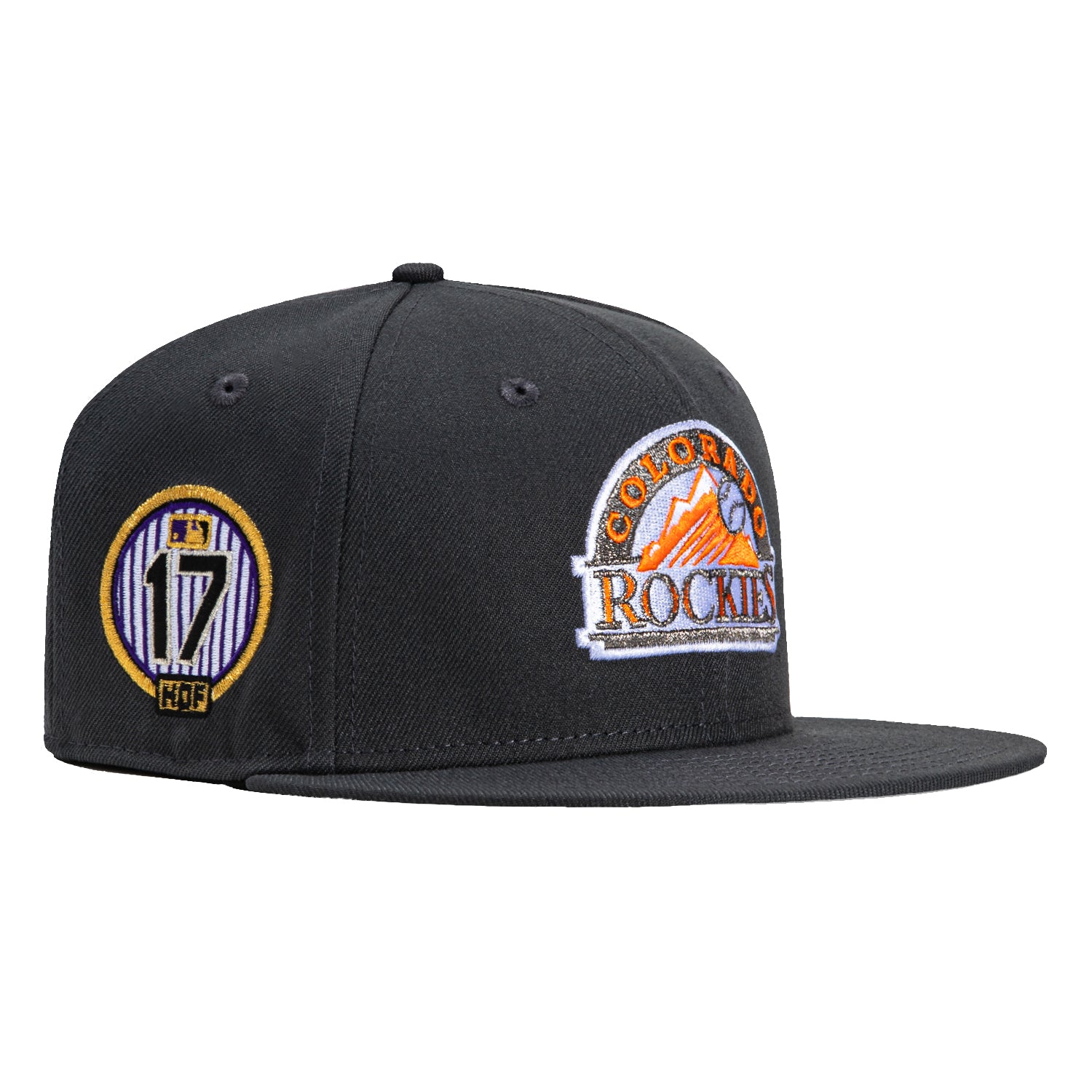 New Era 59Fifty Colorado Rockies Todd Helton HOF Patch Logo Baseball Cap - Graphite & Light Orange | MLB Officially Licensed Hat for Baseball Fans & Sports Enthusiasts
