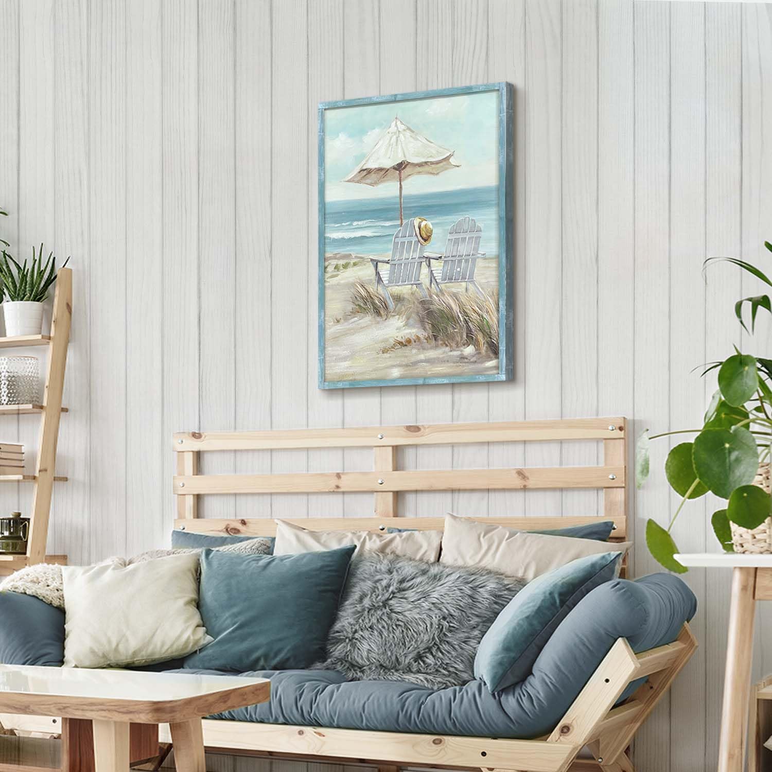 Rustic Coastal Framed Wall Art - Abstract Beach Chair Ocean Painting Print, Calming Seascape Wooden Artwork Decor for Living Room, Bedroom & Beach House | Coastal Home Decor & Wall Hanging Picture