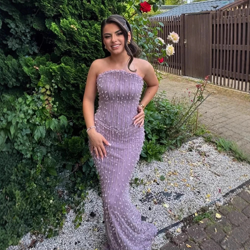 Elegant Beaded Strapless Lilac Mermaid Evening Gown LA72950 - Formal Prom Dress for Women, Perfect for Weddings, Galas & Special Occasions