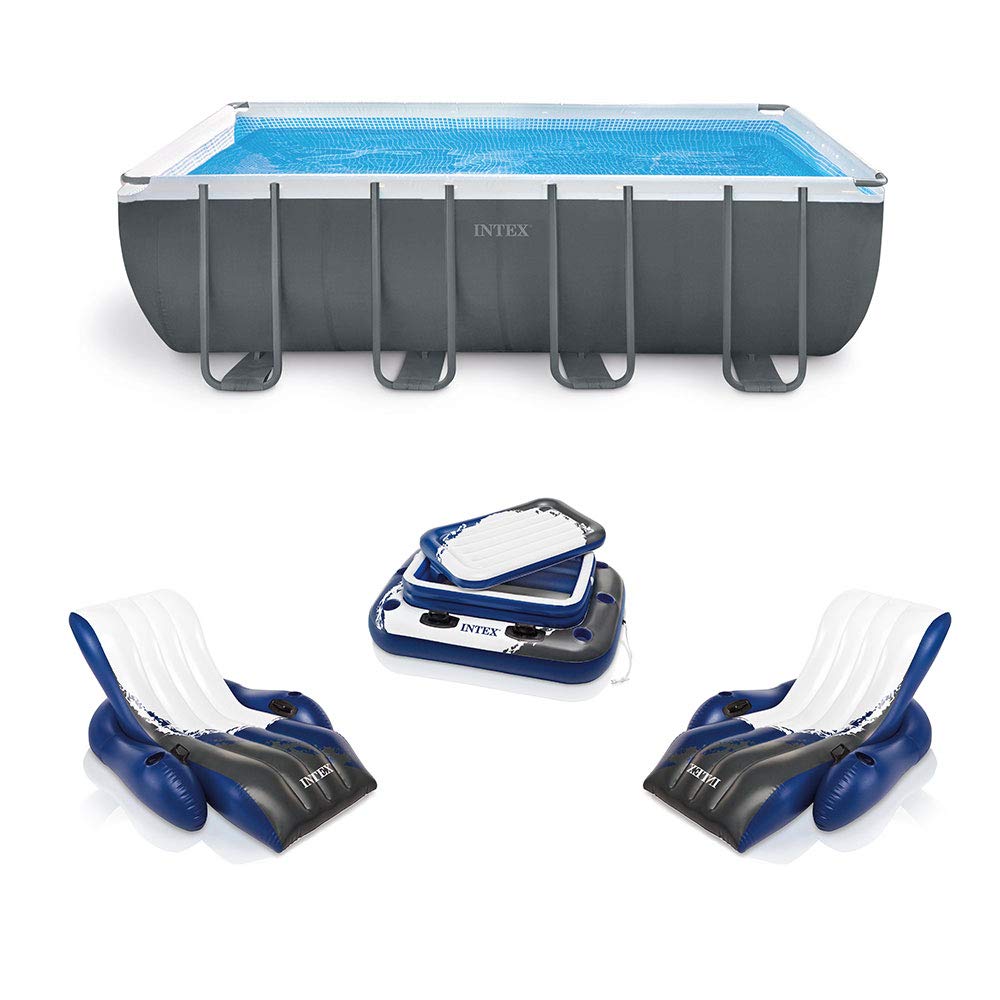 Intex Ultra XTR Rectangular Frame Above Ground Swimming Pool Set with Floating Recliner Lounger & Mega Chill II Inflatable Beverage Cooler - Perfect for Backyard Summer Parties, Family Gatherings and Outdoor Relaxation