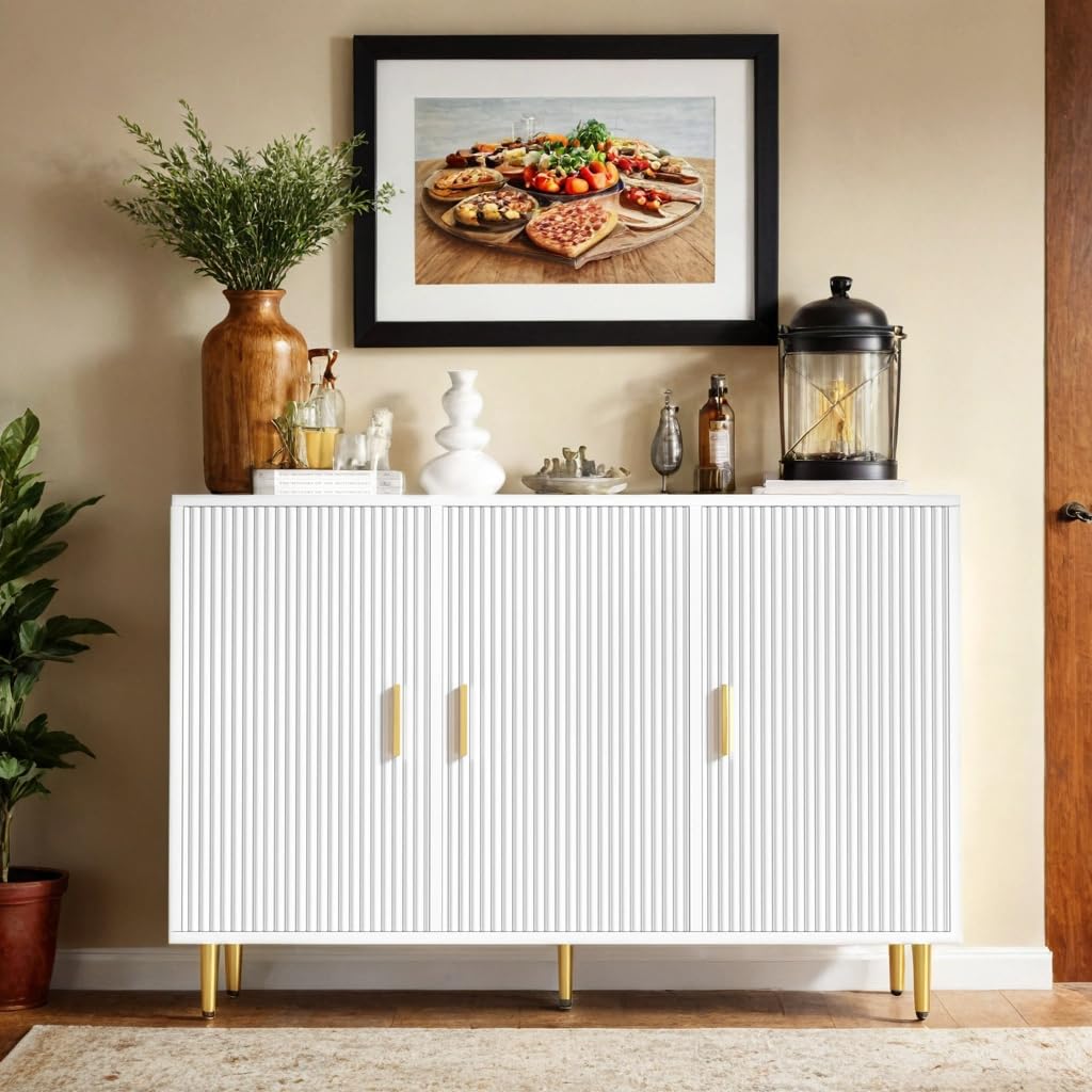 White Sideboard Buffet Cabinet with 3 Doors - Modern Accent Coffee Bar & Entryway Storage for Living Room, Kitchen, Hallway - Perfect for Home Decor, Dining Room Organization & Small Space Storage Solutions