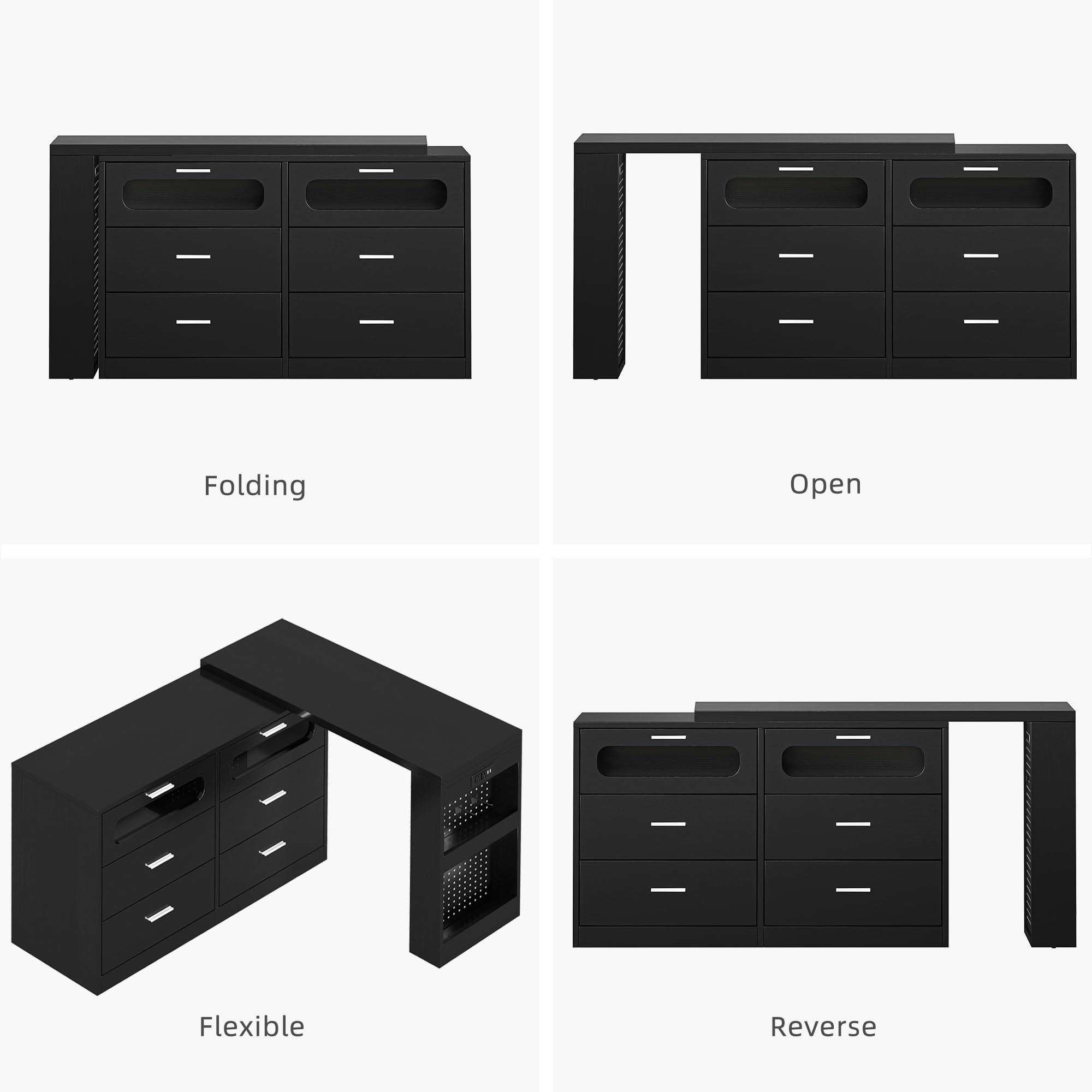 DWVO Vanity Table with RGB Lights - 360° Rotatable LED Makeup Dresser with 6 Drawers, Storage Cabinet & USB Charging Station | Modern Bedroom Vanity Desk & Executive Computer Workspace Desk in Black | Perfect for Makeup Organization, Home Office & Small Space Decor