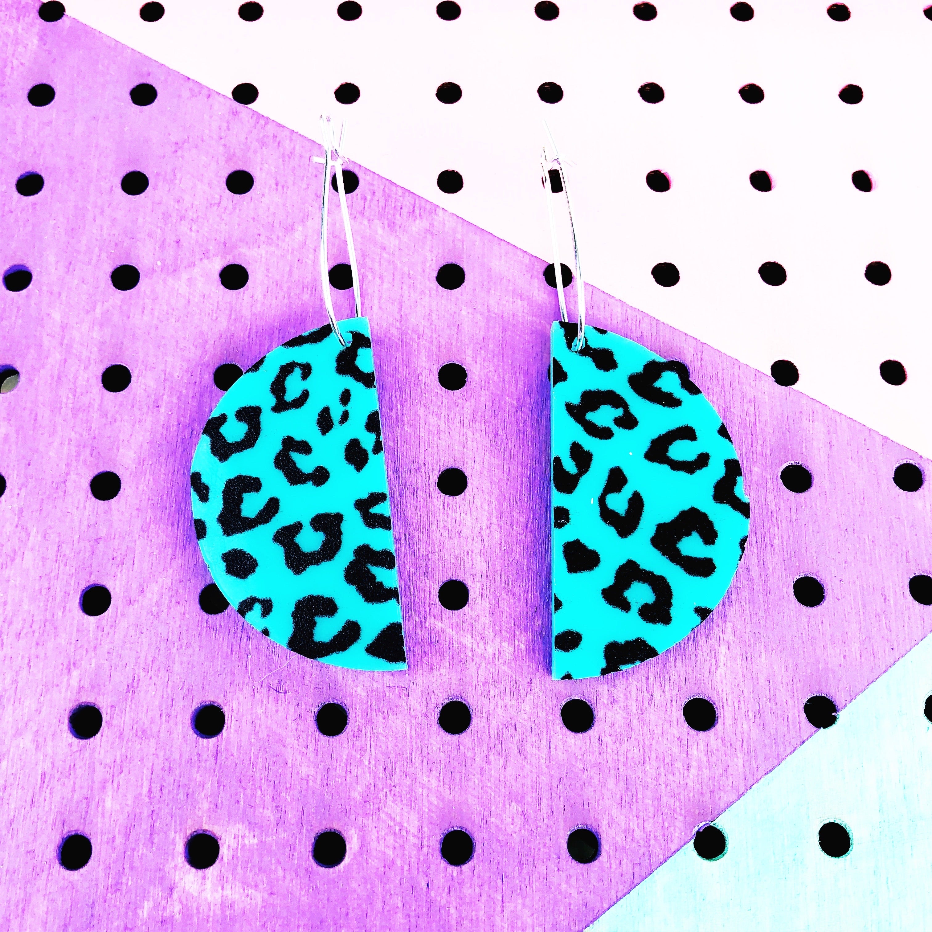 Trendy Teal Half Circle Cheetah Print Dangle Stud Earrings | Fashion Jewelry for Women | Perfect for Parties, Date Nights & Casual Wear