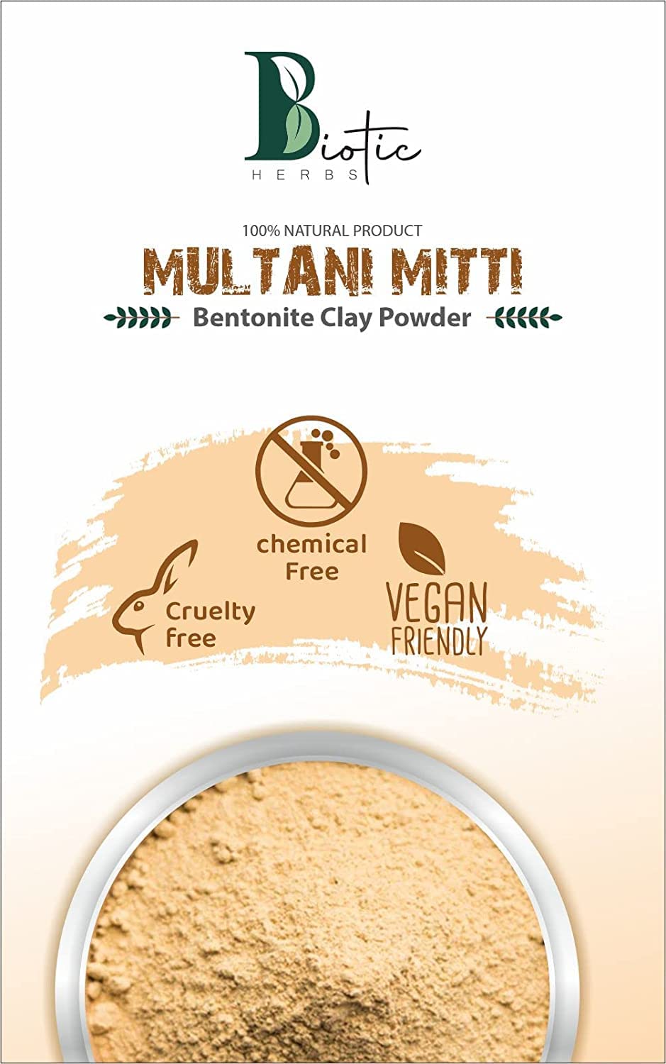 Biotic Herbs Organic Pure Multani Mitti Powder (Fuller's Earth) - 300g Bentonite Clay for Face, Skin & Hair Care | Natural Healing Clay Mask for Acne, Blackheads & Glowing Skin | DIY Spa & Beauty Treatments at Home