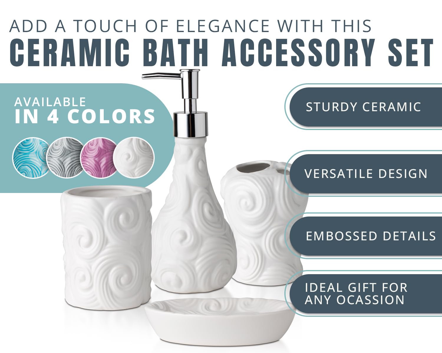 Comfify Designer 4-Piece Bathroom Accessories Set - Porcelain Soap Dispenser, Toothbrush Holder, Tumbler & Soap Dish - Glossy White Finish with Ocean Wave Design - 15.6oz Capacity - Perfect for Modern Bathrooms, Guest Suites & Spa-Style Decor