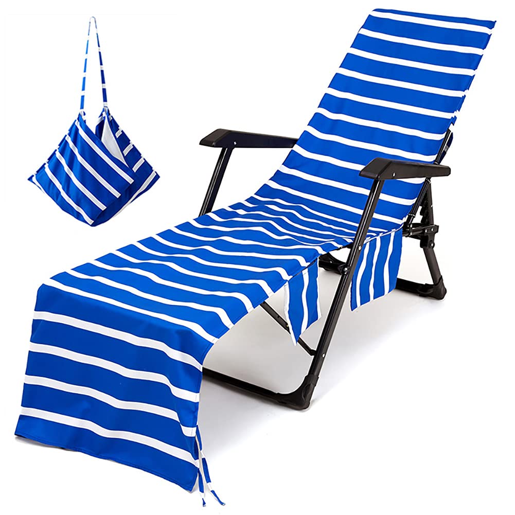 WEON Striped Beach Lounge Chair Towel with Fitted Top Pocket - Super Soft Microfiber Chaise Lounge Cover for Pool, Sunbathing, Garden & Beach - Non-Slip Design, 84x29 Inches - Perfect for Relaxing by the Pool or Seaside Vacation