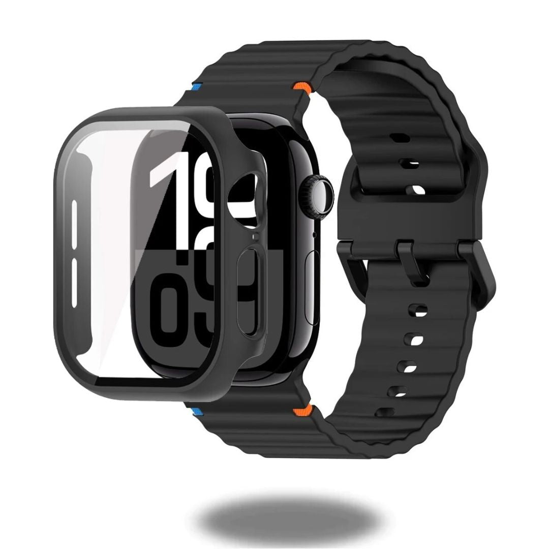 Premium Silicone Sports Band + Protective Case with Tempered Glass for Apple Watch - Perfect for Running, Gym & Outdoor Activities
