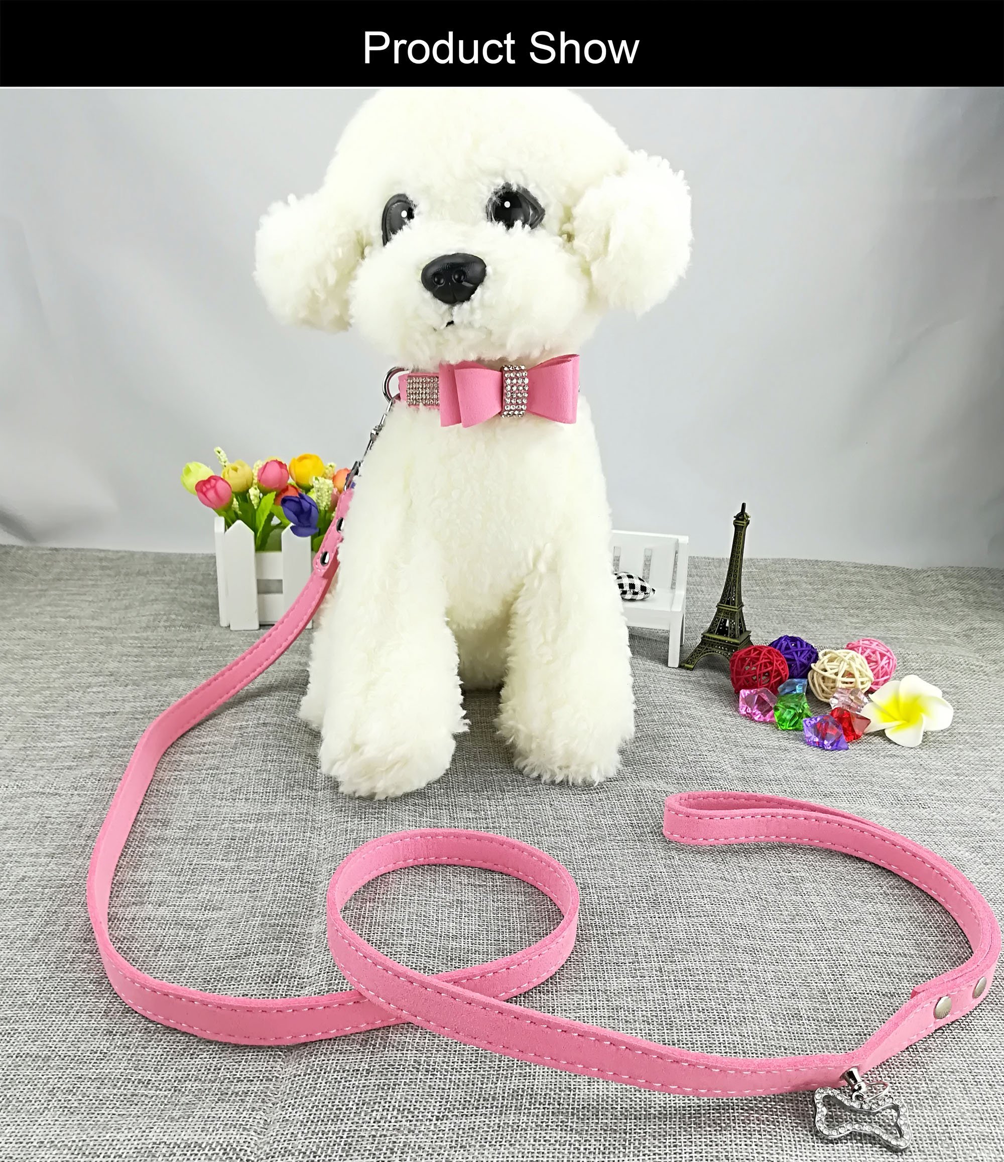 3pcs Fashion Dog Collar and Leash Set - Suede Bling Dog Collar with Bow Tie, Adjustable Puppy Collar & Leash for Small Dogs & Cats - Perfect for Daily Walks, Pet Grooming & Special Occasions