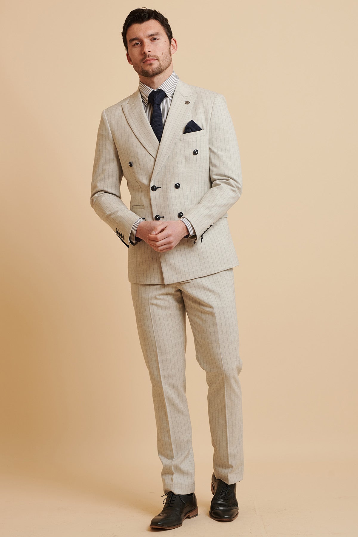 Everton FC Beto Grant Stone Pinstripe Double Breasted Suit for Men | Premium Wool Business Attire | Perfect for Weddings, Office Meetings & Formal Events