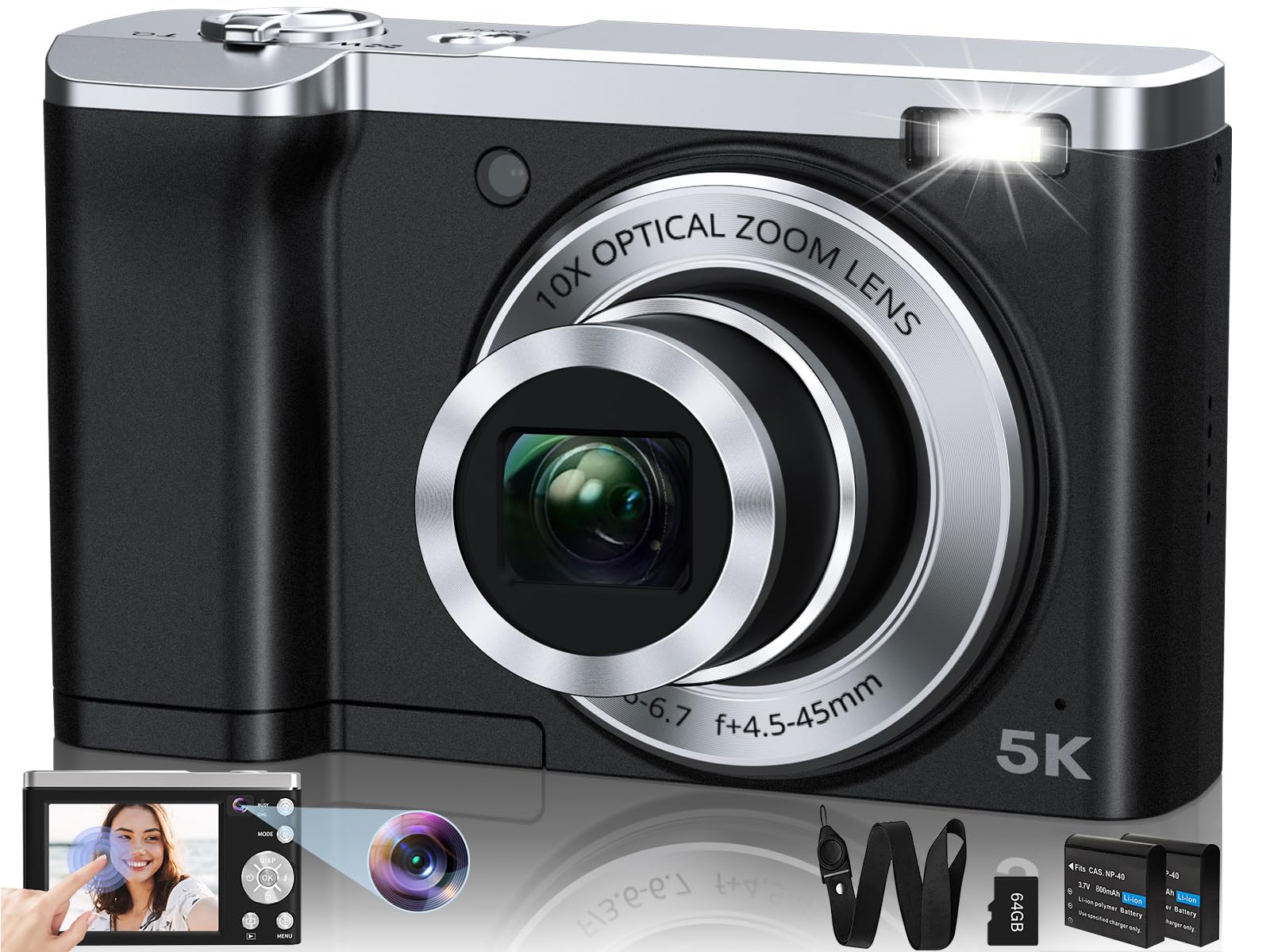 5K Digital Camera 56MP Autofocus Vlogging Camera with 10X Optical Zoom, Dual Front & Rear Cameras, 6-Axis Anti-Shake, Touch Screen - Includes 64GB SD Card & 2 Batteries - Perfect for Travel, YouTube Vlogging, and Outdoor Photography