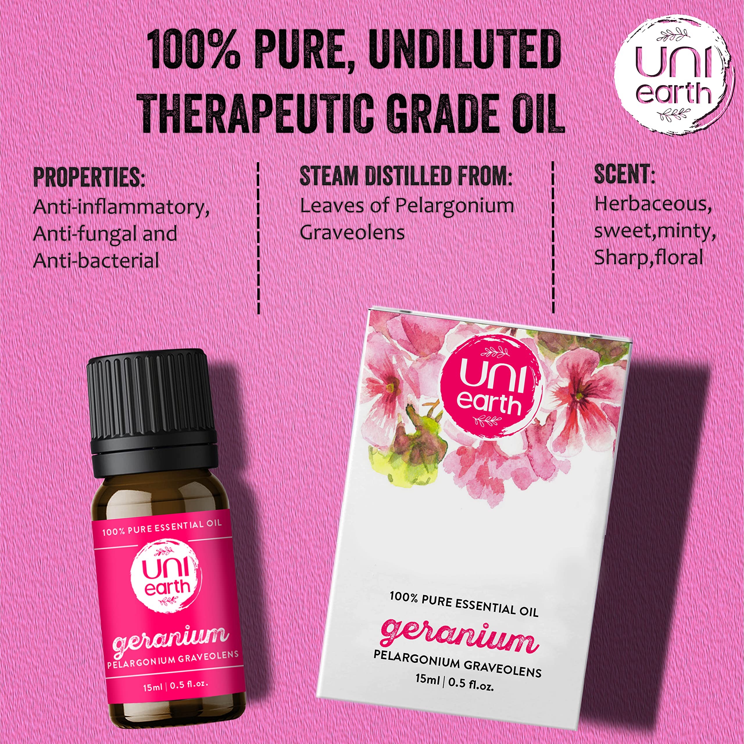 Uniearth 100% Pure Therapeutic Grade Geranium Essential Oil - 15mL for Skin & Hair Care, Reduces Acne & Hair Loss, Fades Age Spots & Scars | Natural Insect Repellent | Perfect for Aromatherapy, Massage & DIY Beauty Products