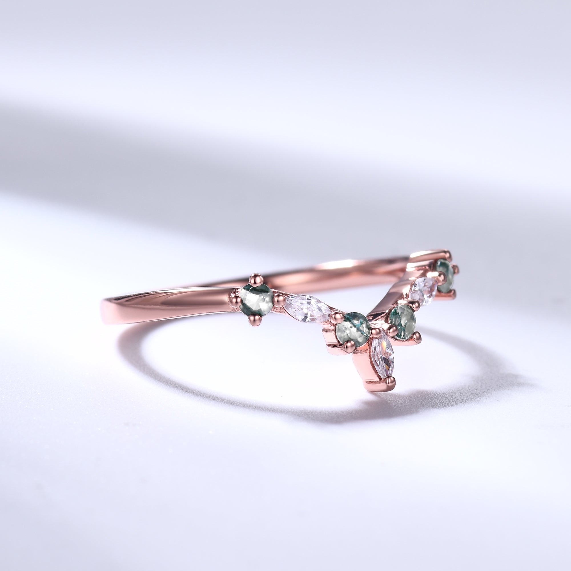 Green Moss Agate & Moissanite Rose Gold Wedding Band Set - Curved Matching Rings for Couples, Engagement, Anniversary & Promise Ceremonies