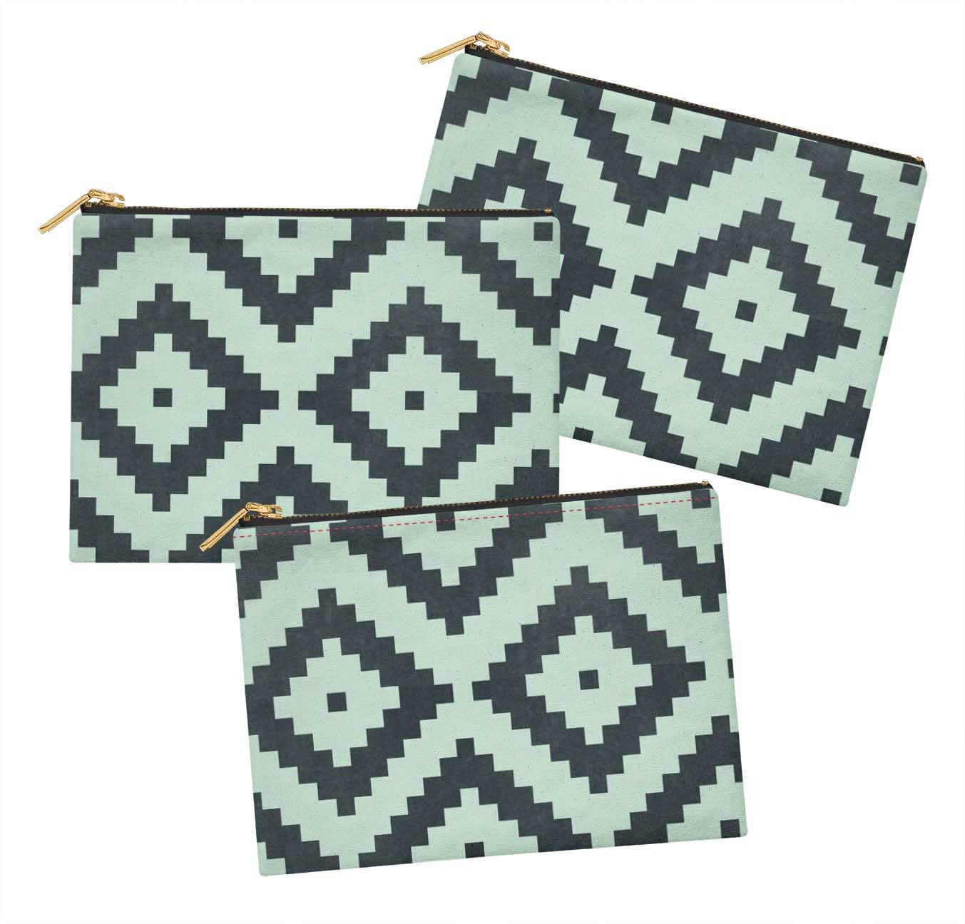 Stylish Green Geometric Printed Cosmetic Bags - Set of 3 (6x8 Inches) | Makeup Pouch, Toiletry Organizer & Coin Purse for Travel, Gym & Daily Use