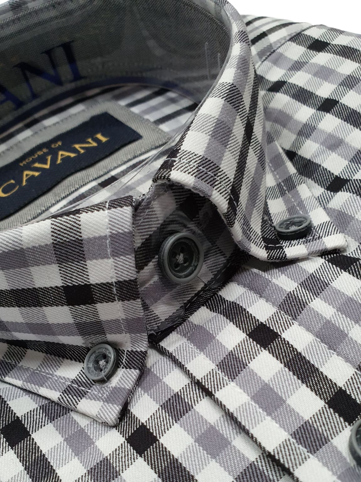 Cavani Men's Grey Gingham Button Down Collar Shirt - Slim Fit Casual Dress Shirt for Office, Business & Formal Events