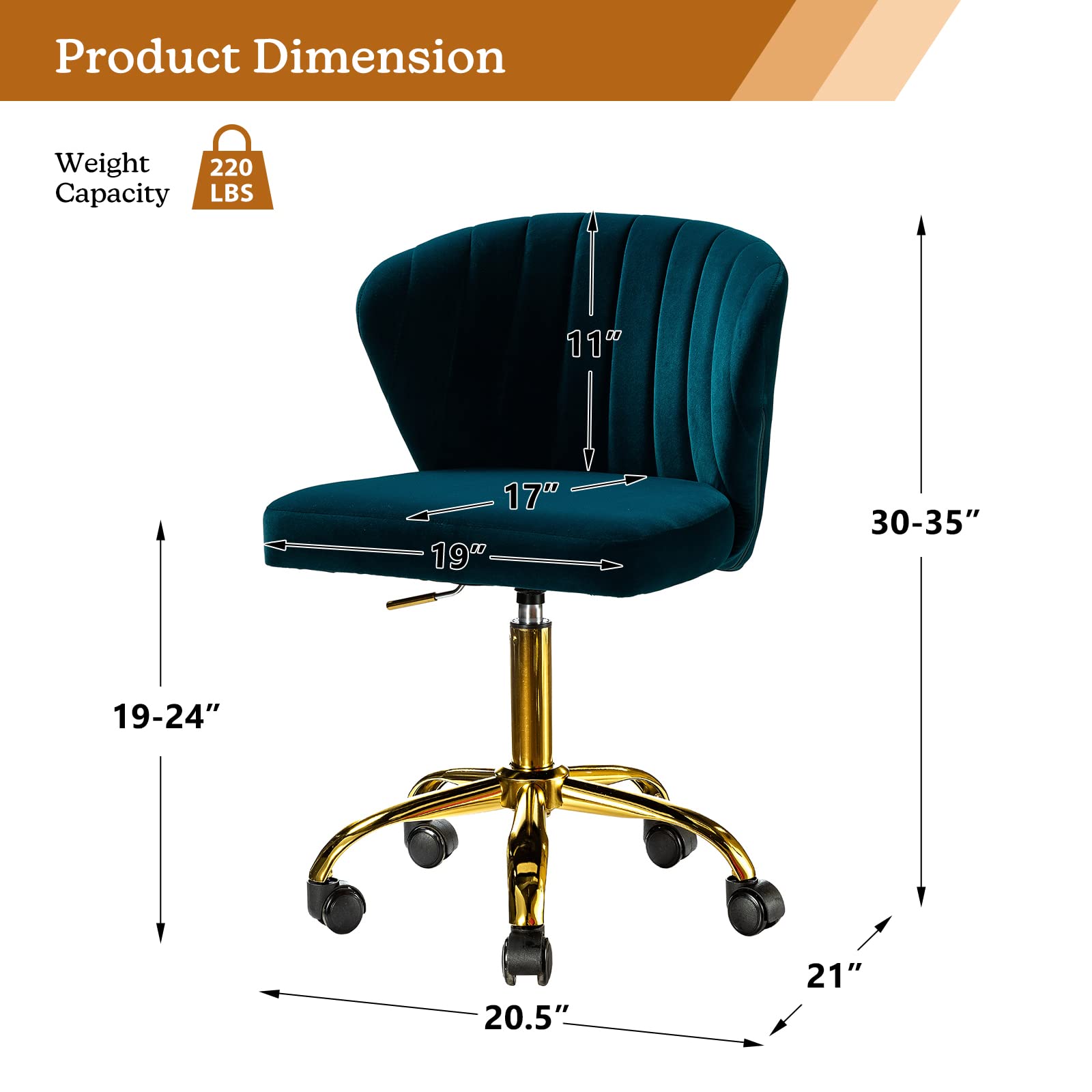 TINA'S HOME Modern Velvet Office Chair with Wheels - Adjustable Low Back Swivel Rolling Task Chair, Gold Base Armless Desk Chair for Home Office, Living Room, Vanity & Study (Teal Blue) | Ergonomic Comfort for Work & Relaxation