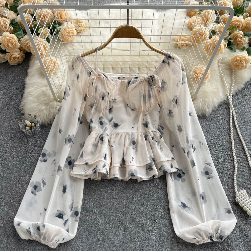 French Lantern Sleeve Chiffon Top - Summer Print Cropped Shirt for Women | Boho Chic Blouse for Beach Vacation & Casual Outings