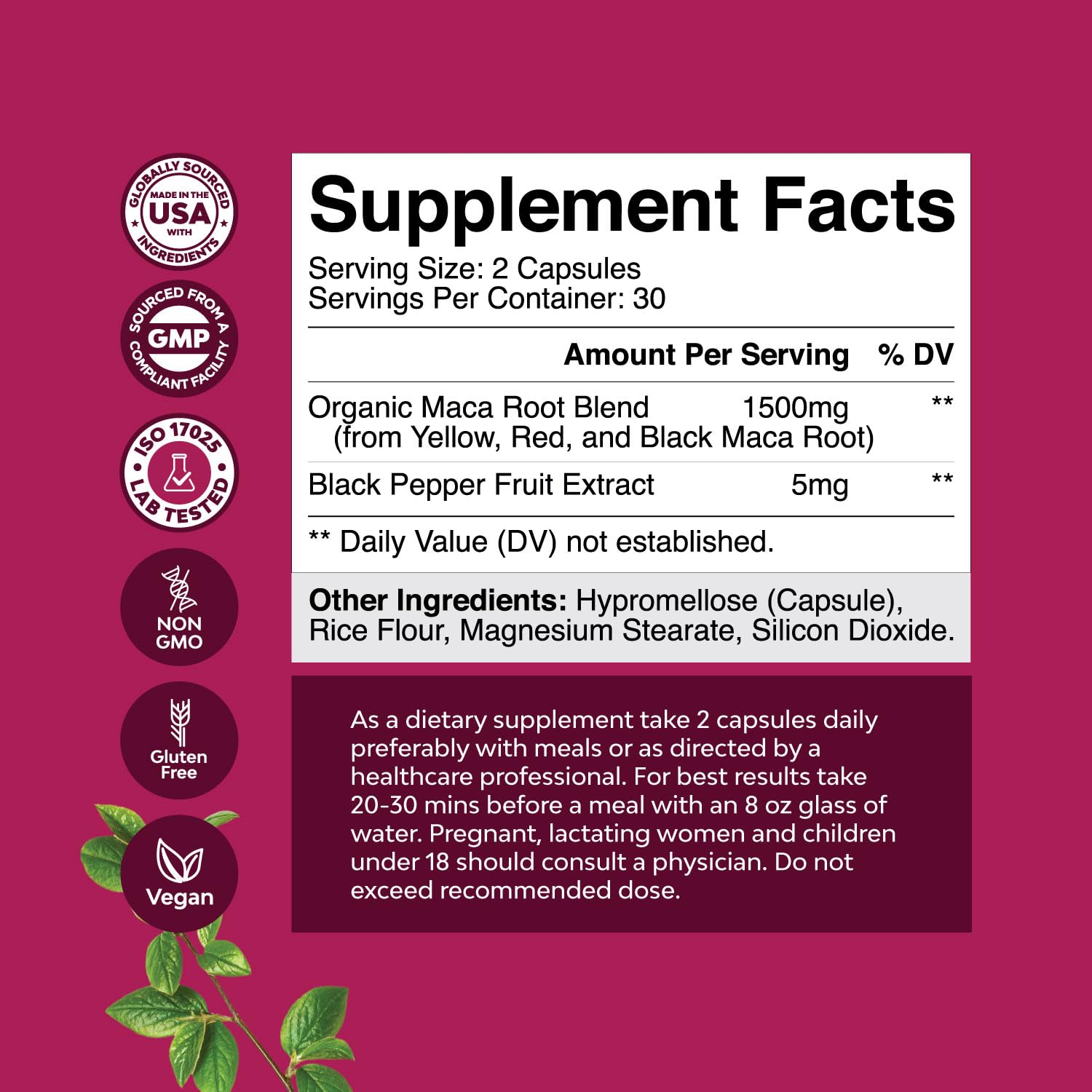 Organic Maca Root Capsules for Women - Natural Energy & Hormone Balance Supplement with Red, Yellow & Black Maca Blend - Non-GMO, Vegan, Gluten-Free, No Artificial Colors - 60 Count - Supports Libido, Fertility & Menopause Relief