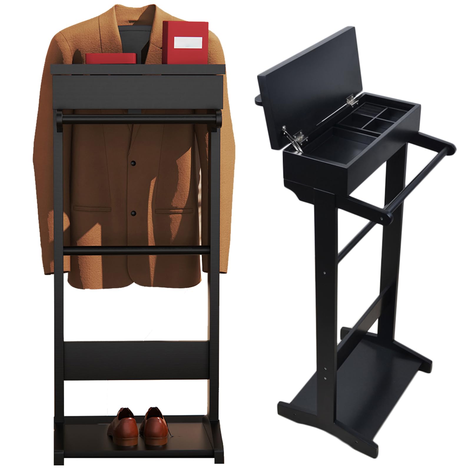 ODUWA Black Valet Stand for Men with Top Tray & Flip-up Storage Compartment - Premium Clothes Organizer for Entryway, Office, Bedroom & Living Room | Perfect for Suits, Jackets, Pants & Accessories