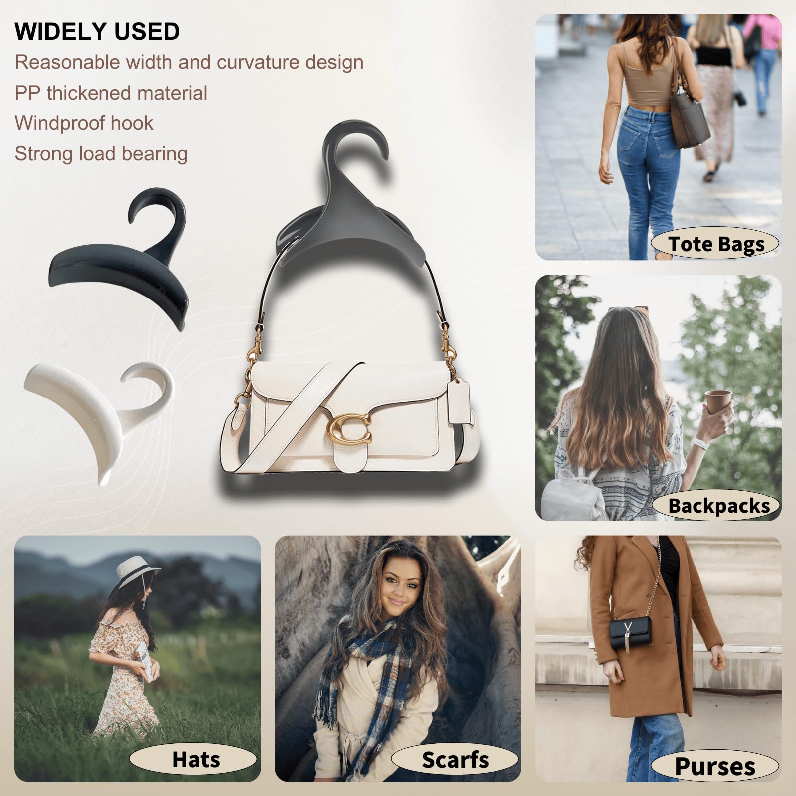 6-Piece Purse Hanger Set - Space Saving Closet Organizer for Handbags, Backpacks & Totes - Durable White Bag Hooks for Home, Office & Travel Storage Solutions