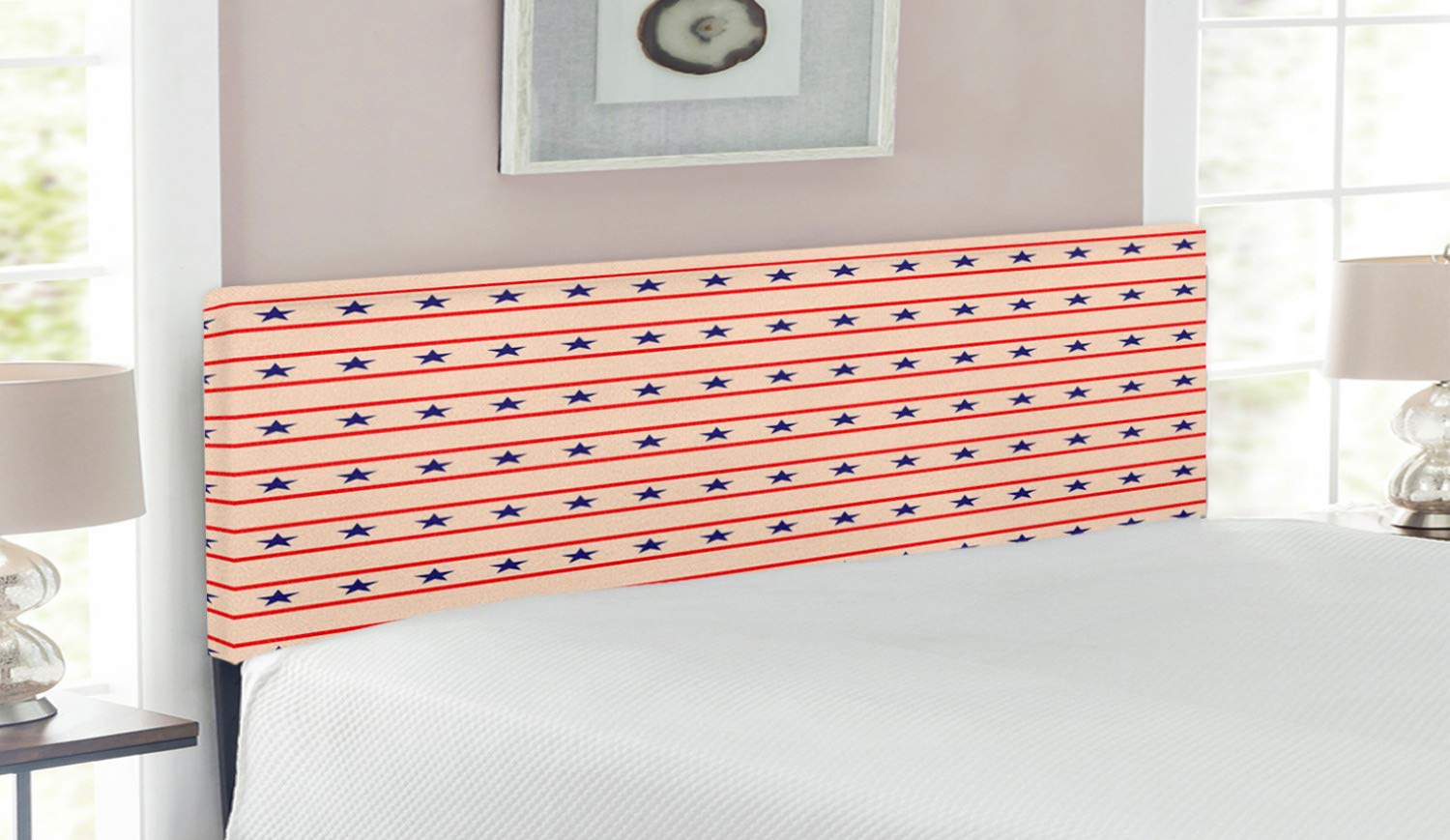 Ambesonne Prehistoric Country Upholstered Headboard - Queen Size Navy Blue Cream Red with Patriotic Stars & Nostalgic Design | Memory Foam Decorative Metal Bed Headboard for Bedroom, Guest Room & Dorm