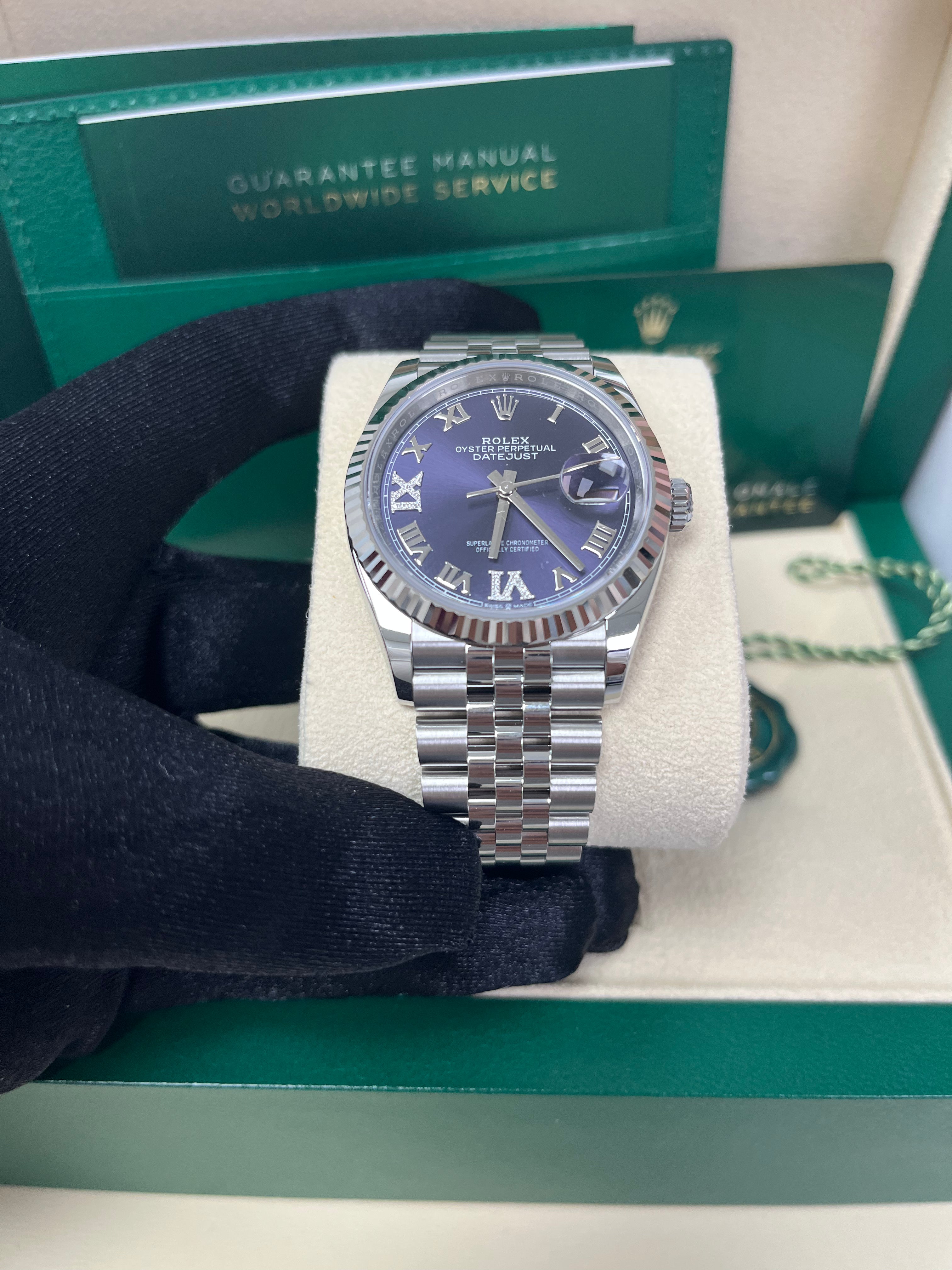 Rolex Datejust 36mm Watch - Fluted Bezel, Aubergine Purple Diamond Dial with Roman VI & IX Markers, Jubilee Bracelet (Ref#126234) - Luxury Dress Watch for Men, Perfect for Business & Formal Occasions