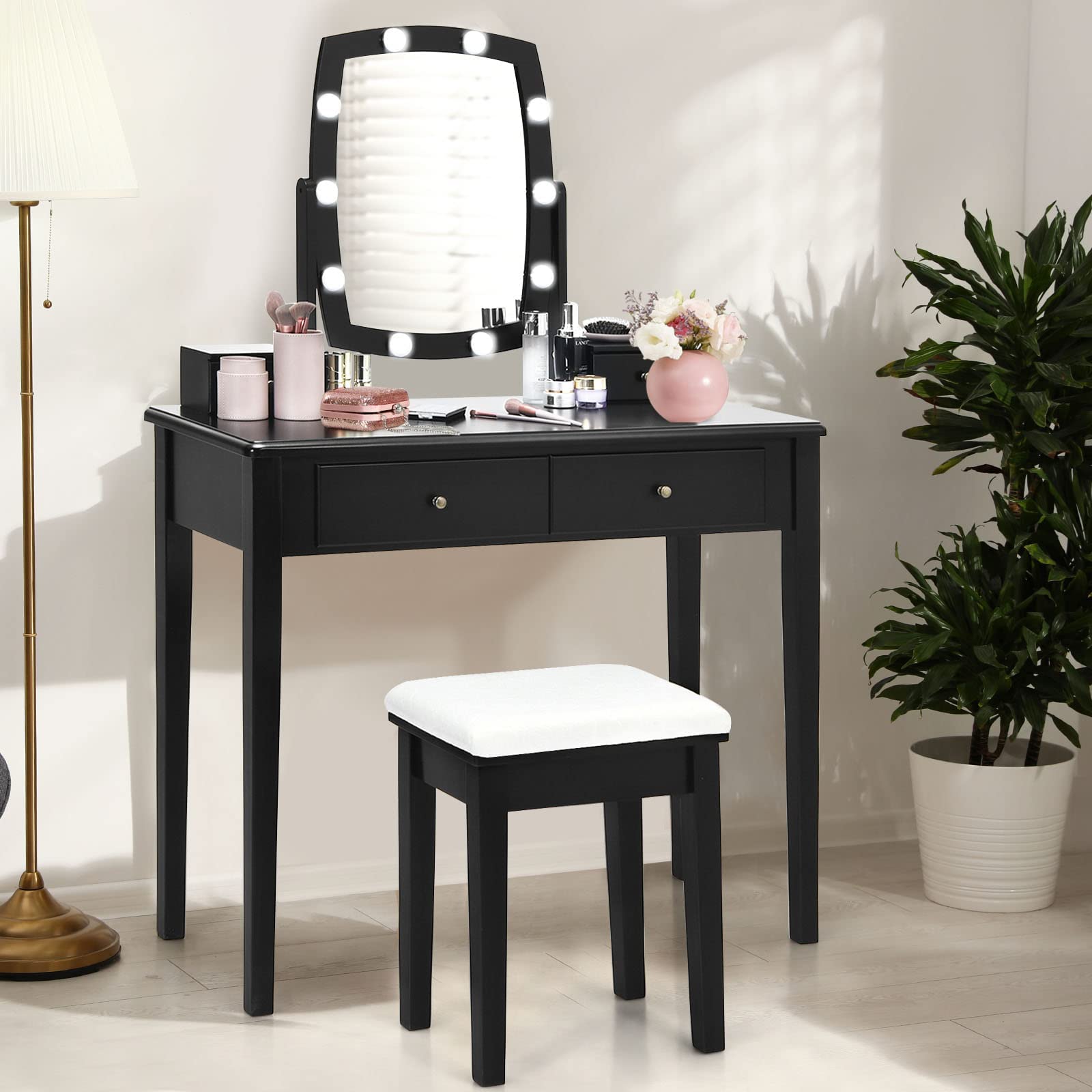 Charmaid Girls Makeup Vanity Desk with LED Mirror Lights - 10 Bulbs, 3 Lighting Modes, 4 Storage Drawers & Stool - Modern Dressing Table for Bedroom, Teen Room & Beauty Salon (Black)