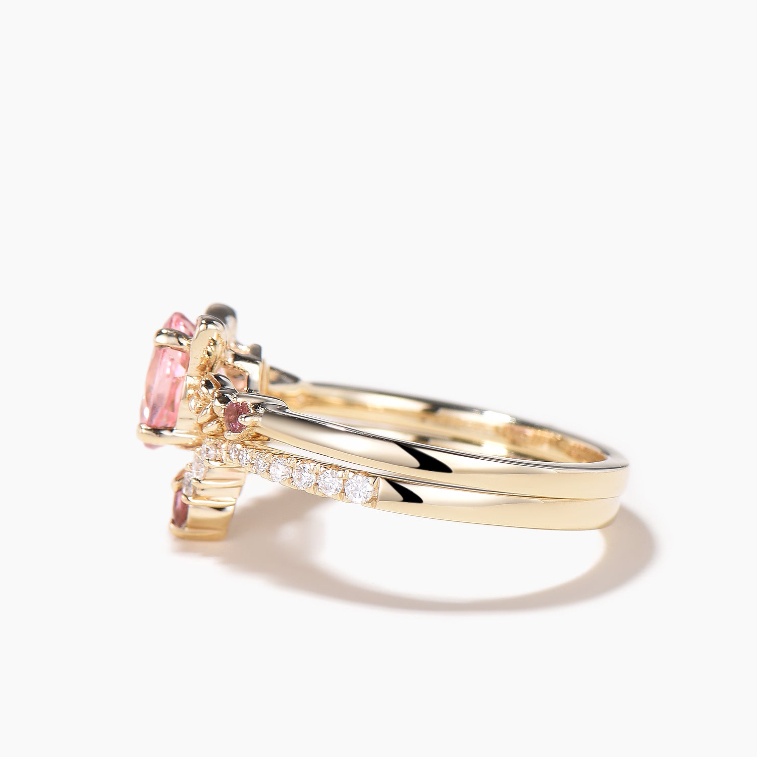 Exquisite Round Cut Padparadscha Sapphire & Diamond Floral Bridal Ring Set – Elegant Cat & Tourmaline Accents for Engagement, Wedding, or Anniversary Gifts