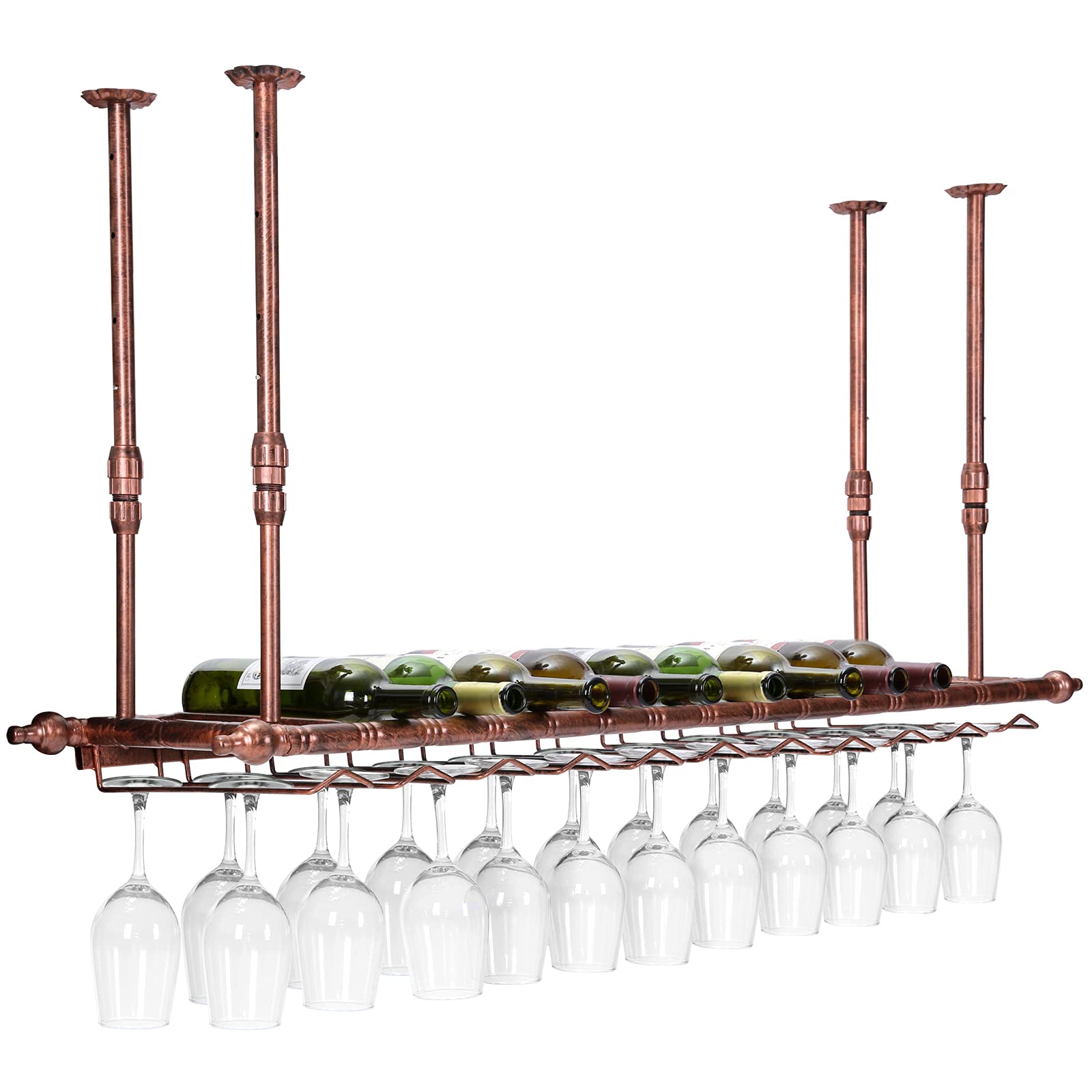 Vintage Metal Hanging Wine Rack with Adjustable Height & Width - Ceiling Mount Bottle Storage Holder with Stemware Glass Shelf - Perfect for Kitchen, Bar, Under Cabinet, Dining Room & Home Decor
