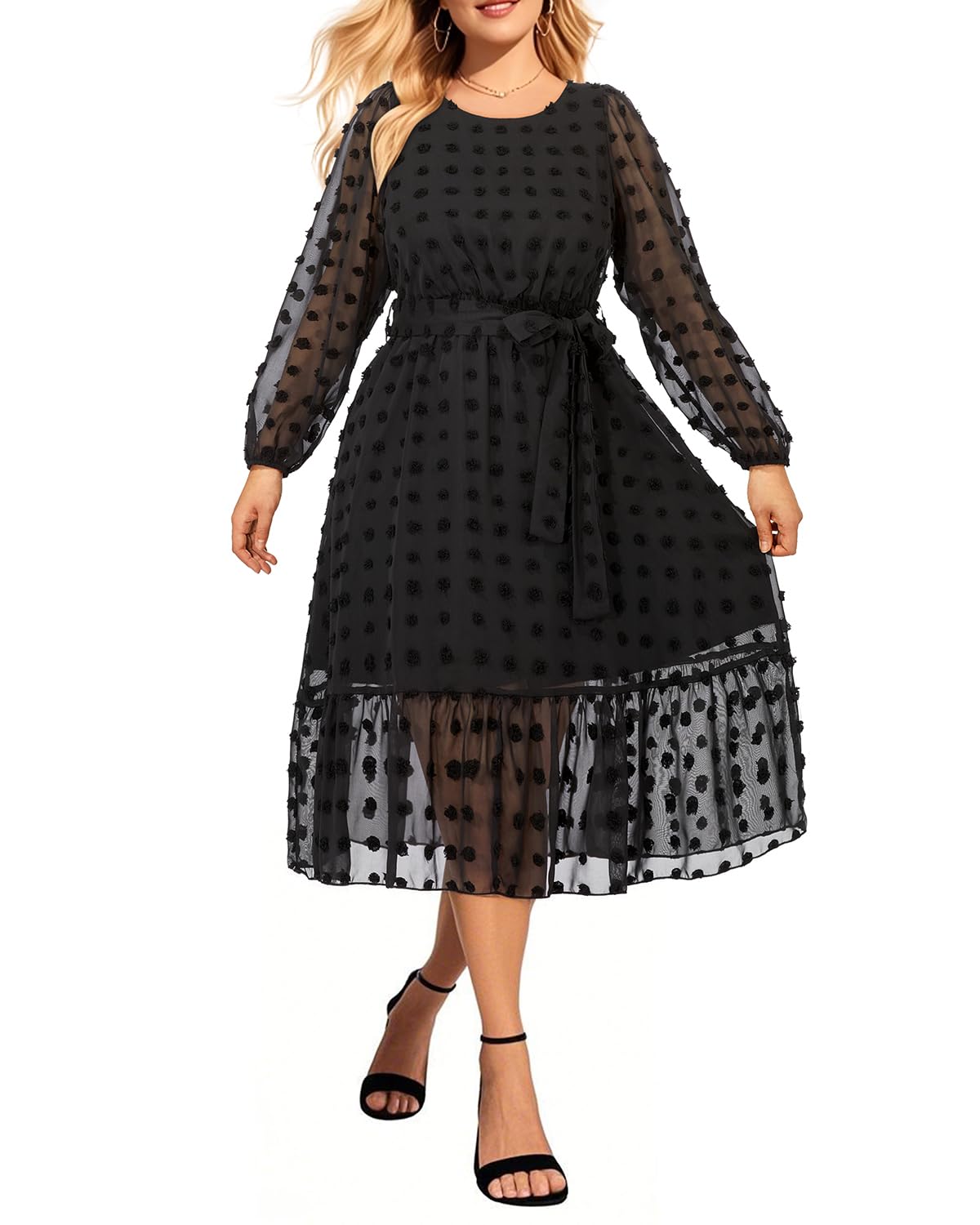 Elegant Plus Size Swiss Dot A-Line Midi Dress for Women - Long Sleeve Semi-Formal Wedding Guest Dress with Belt - Perfect for Spring & Fall Occasions, Office Parties & Special Events