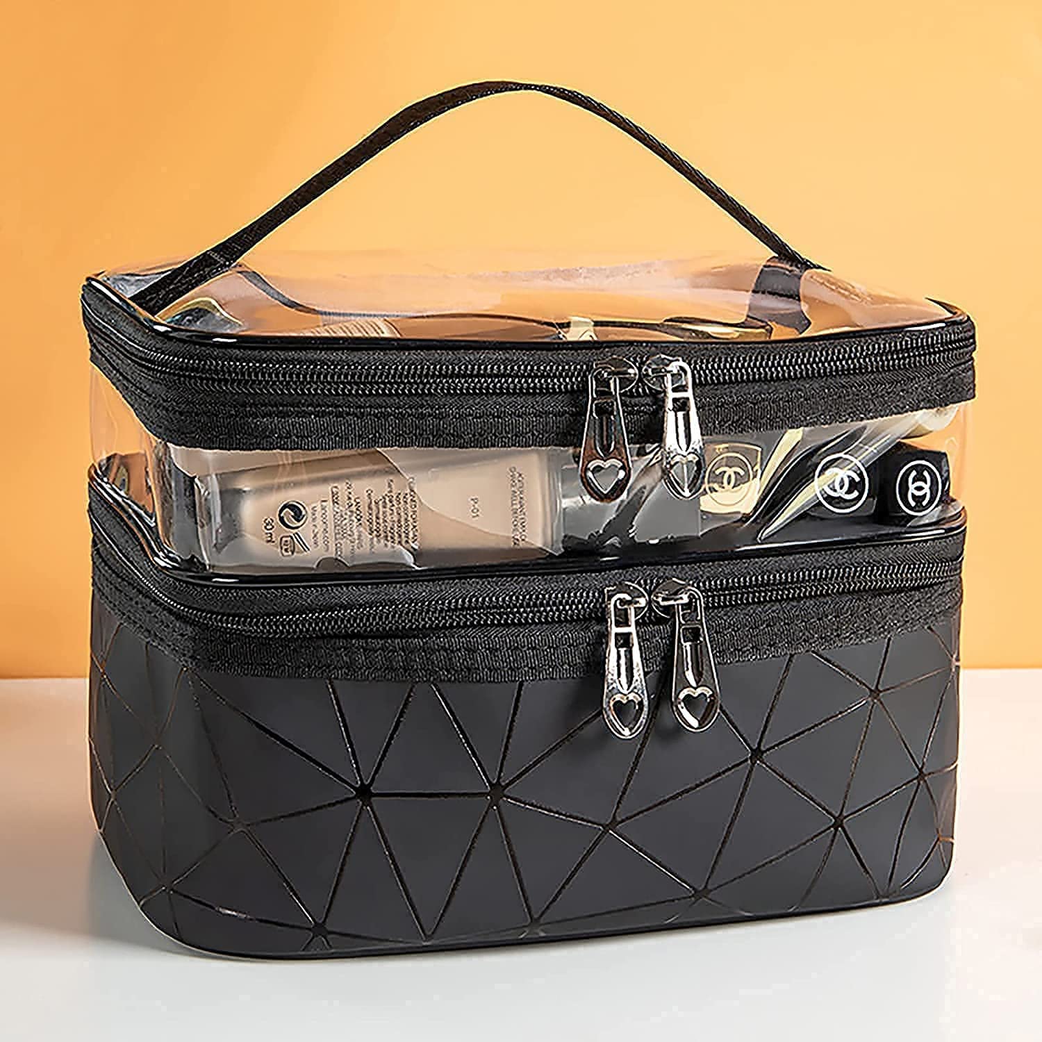 Runilex Double Layer Travel Cosmetic Organizer Bag - Waterproof Makeup Pouch & Toiletry Bag for Women & Girls (Black) - Perfect for Air Travel, Gym, and Daily Organization