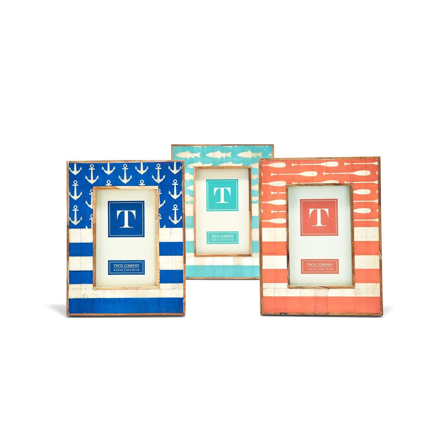 Two's Company Sitting by The Water Set of 3 4x6 Inch Bone Photo Frames - Mango Wood, Bone & Glass (Horizontal/Vertical Display) - Perfect for Home Decor, Office Desk & Gift Giving