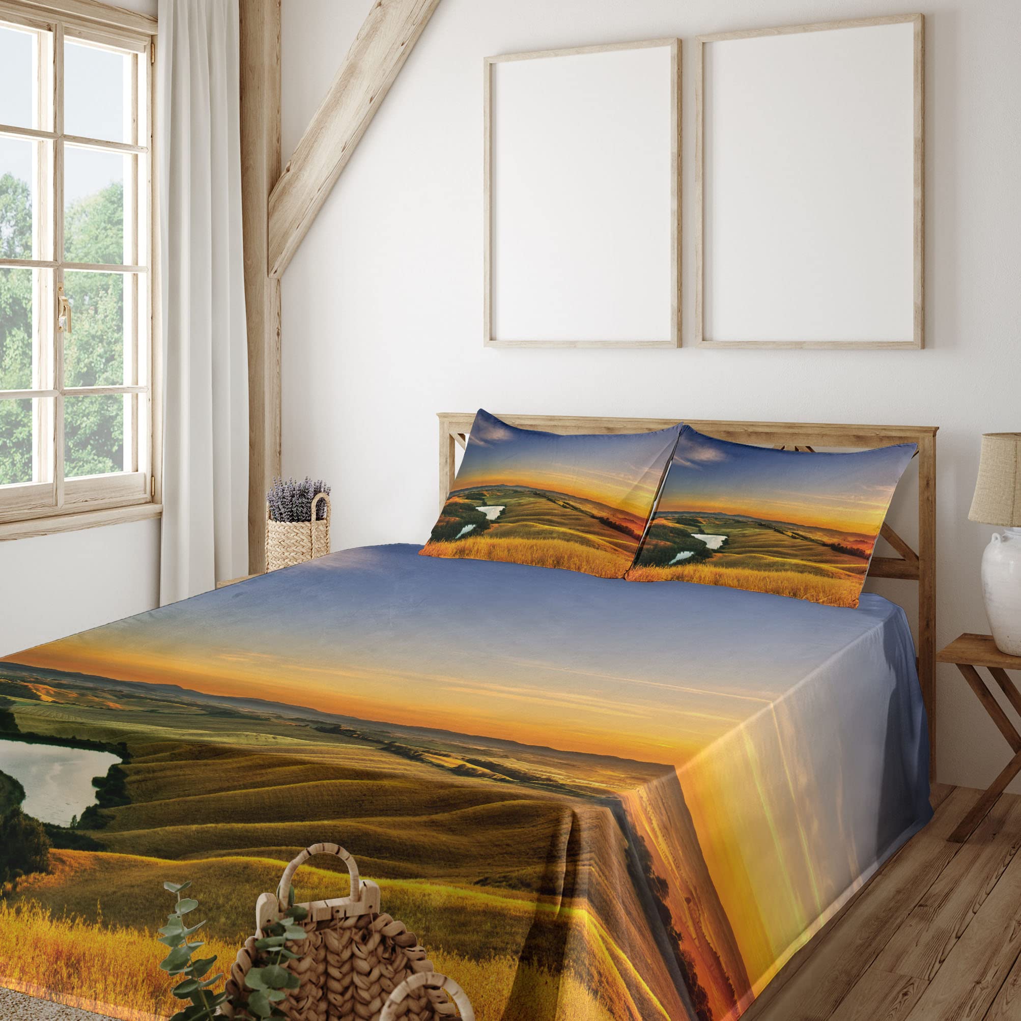 Ambesonne Italian 4-Piece King Size Sheet Set - Mediterranean Rural Valley & Lake Nature Design, Blue Yellow Green, Fitted & Flat Sheets with Pillowcases | Luxury Bedroom Decor for Home, Vacation House & Guest Room
